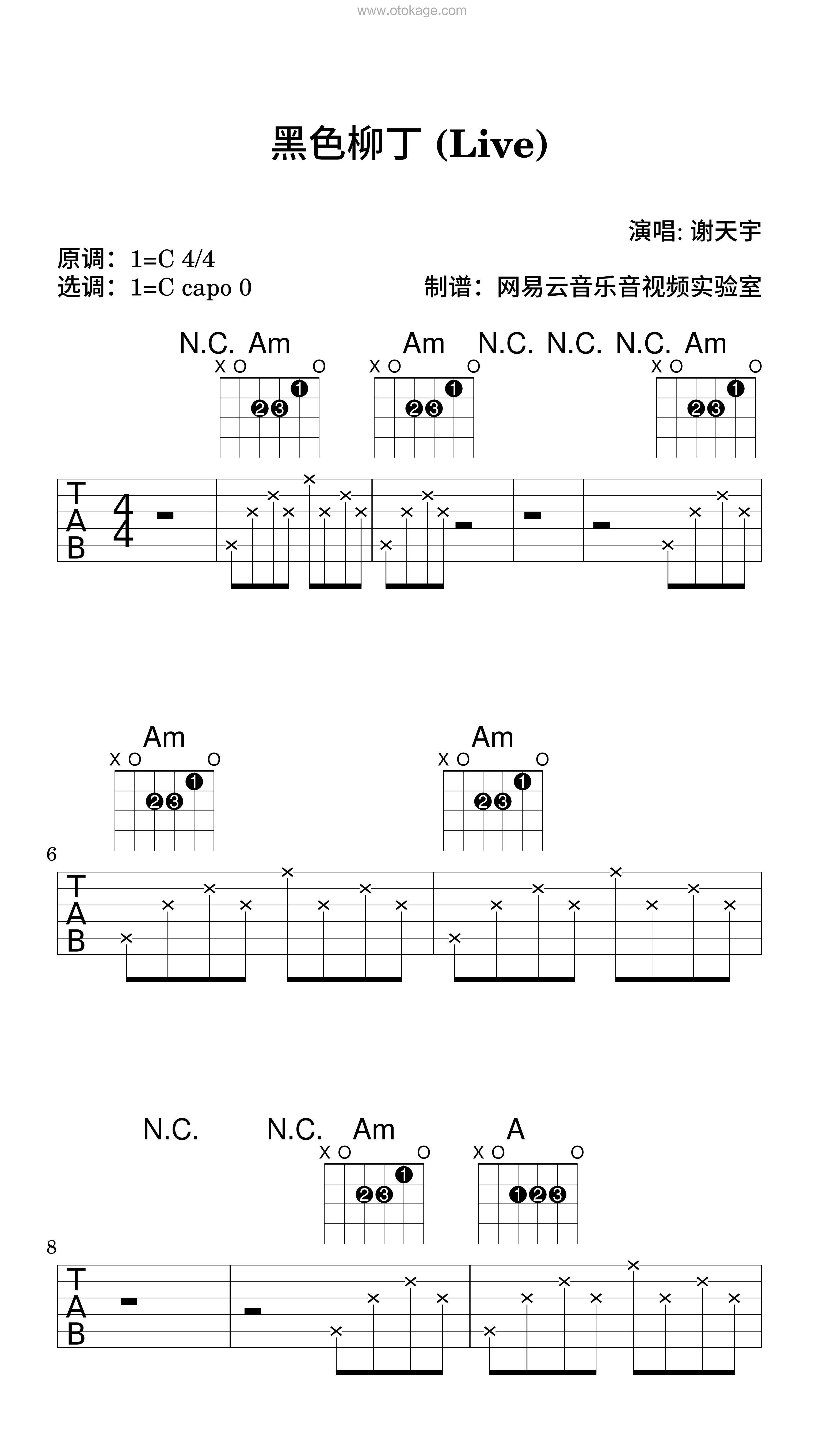 谢天宇《黑色柳丁 (Live)吉他谱》C调_旋律如梦似幻