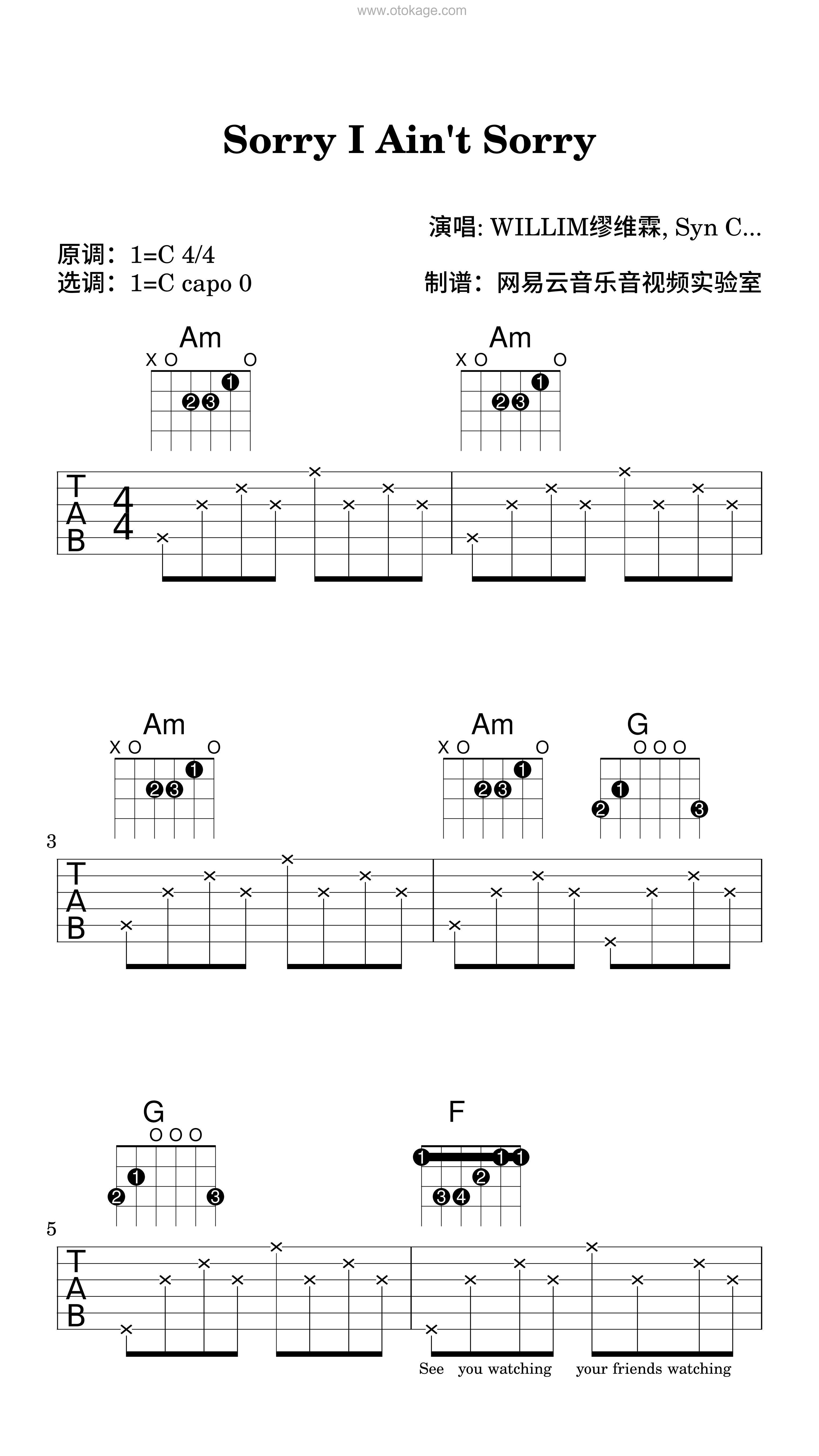 WILLIM缪维霖,Syn Cole《Sorry I Ain't Sorry吉他谱》C调_节奏张弛有度