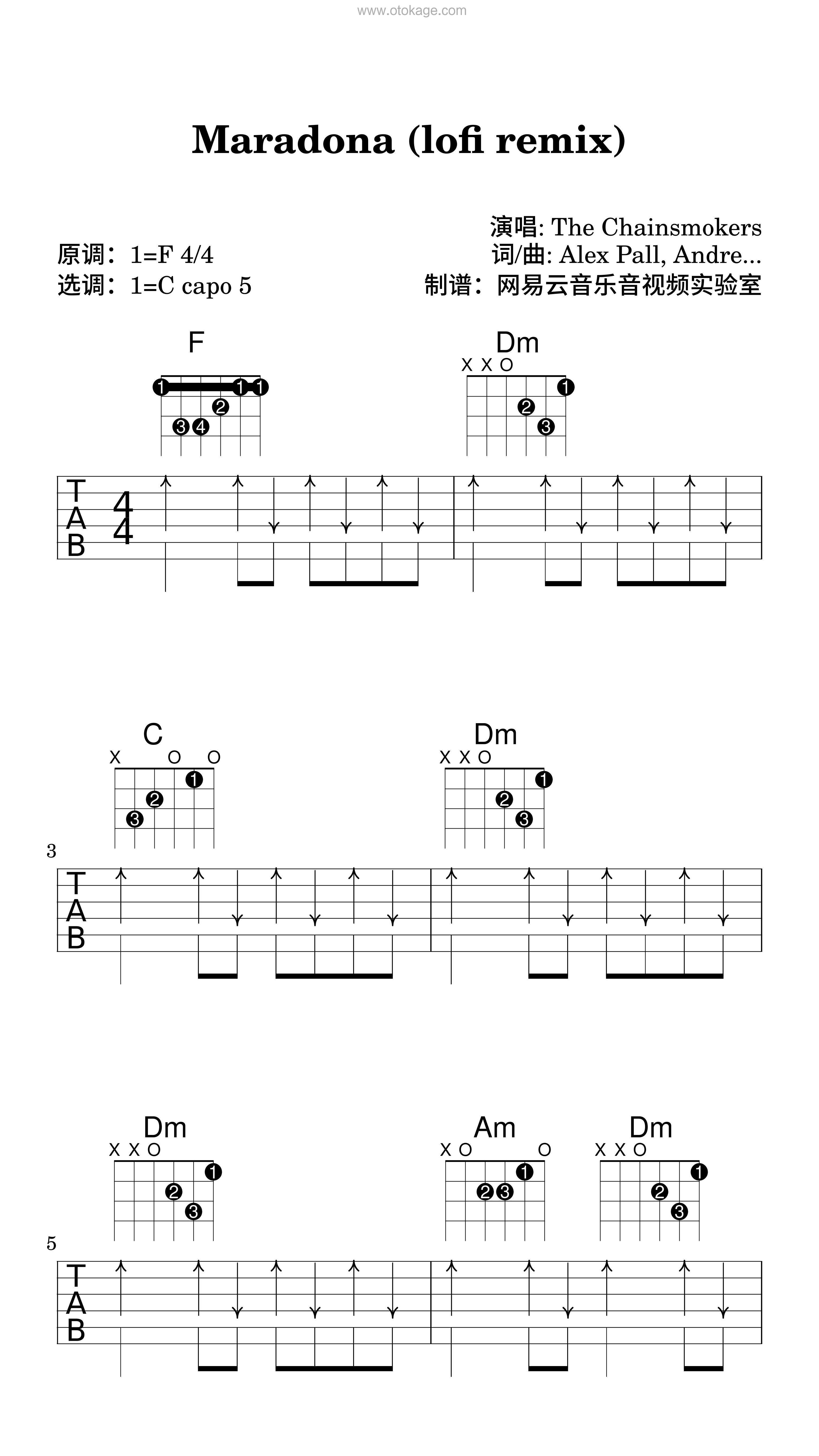 The Chainsmokers《Maradona (lofi remix)吉他谱》F调_编排富有层次感
