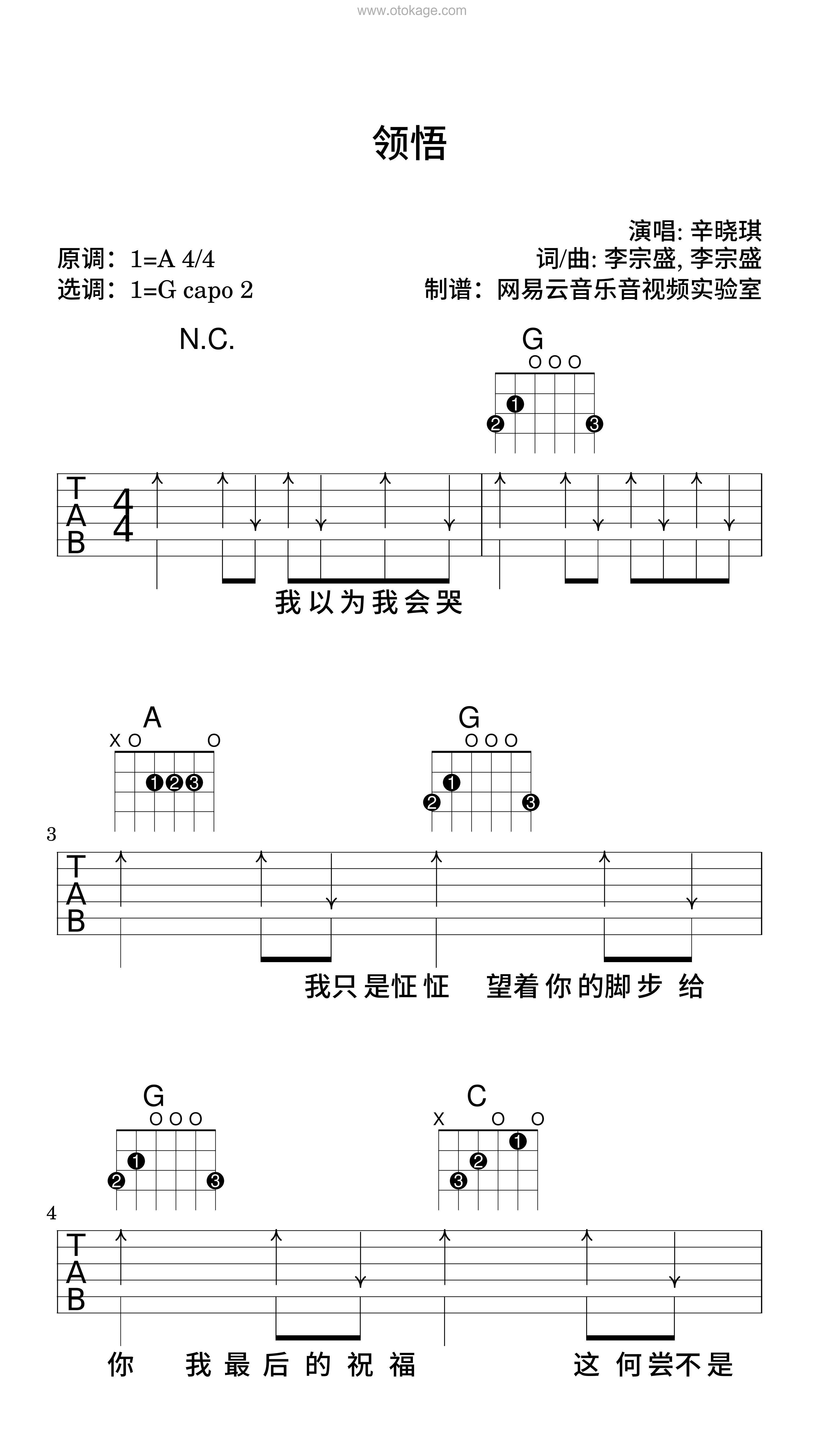 辛晓琪《领悟吉他谱》A调_完美节奏编排