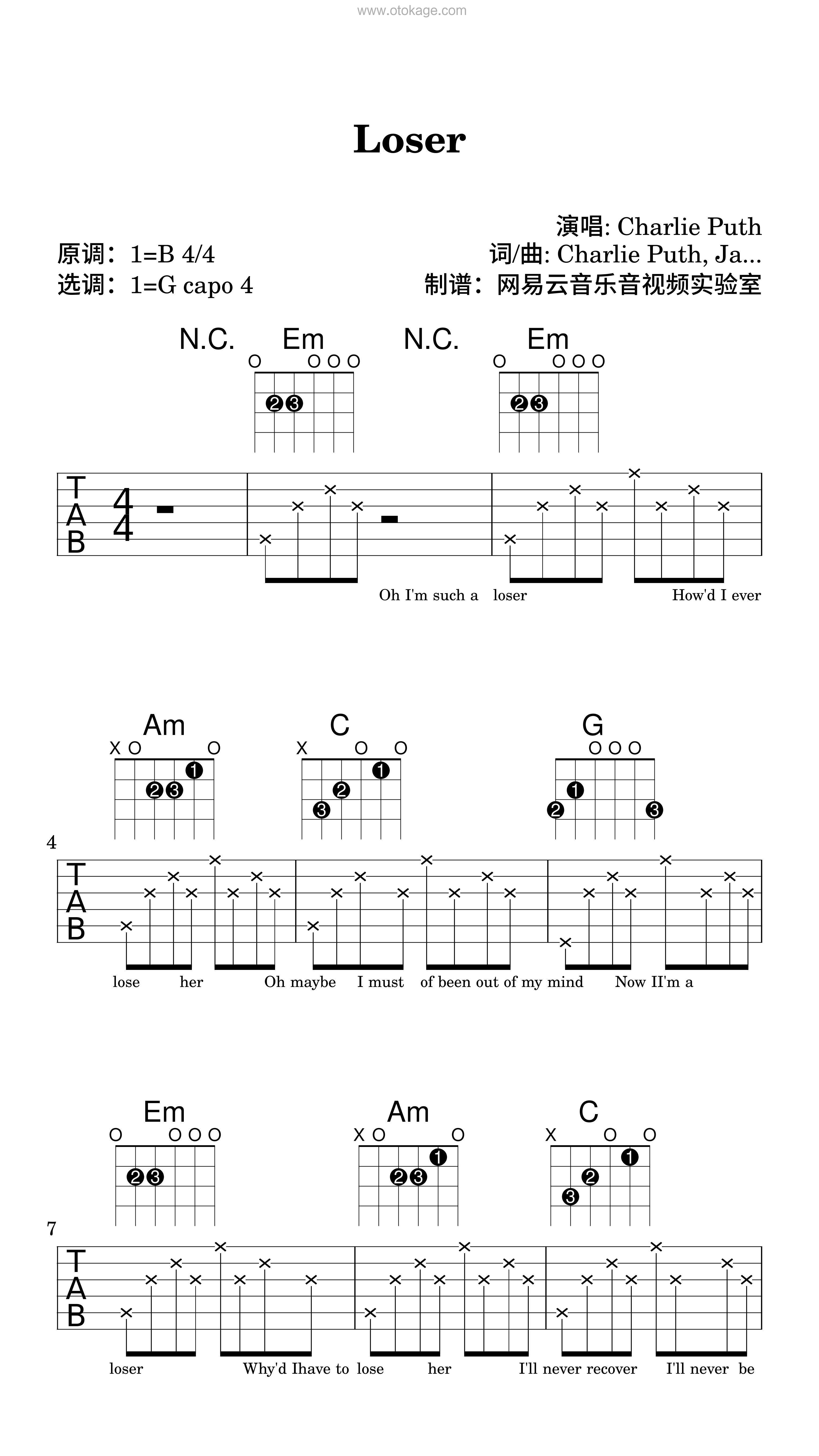 Charlie Puth《Loser吉他谱》B调_旋律宁静优美