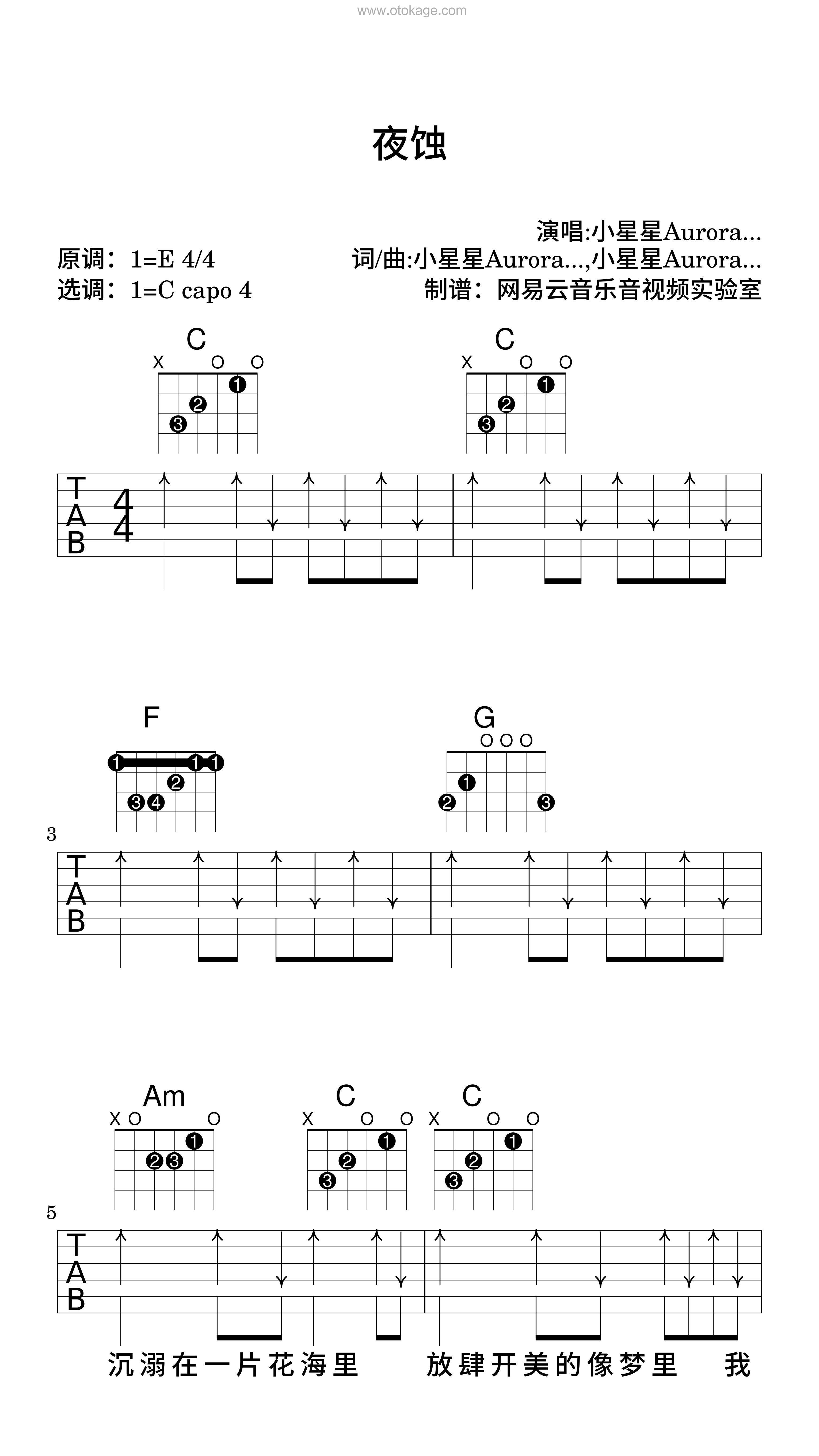 小星星Aurora,零6《夜蚀吉他谱》E调_音乐沁人心扉