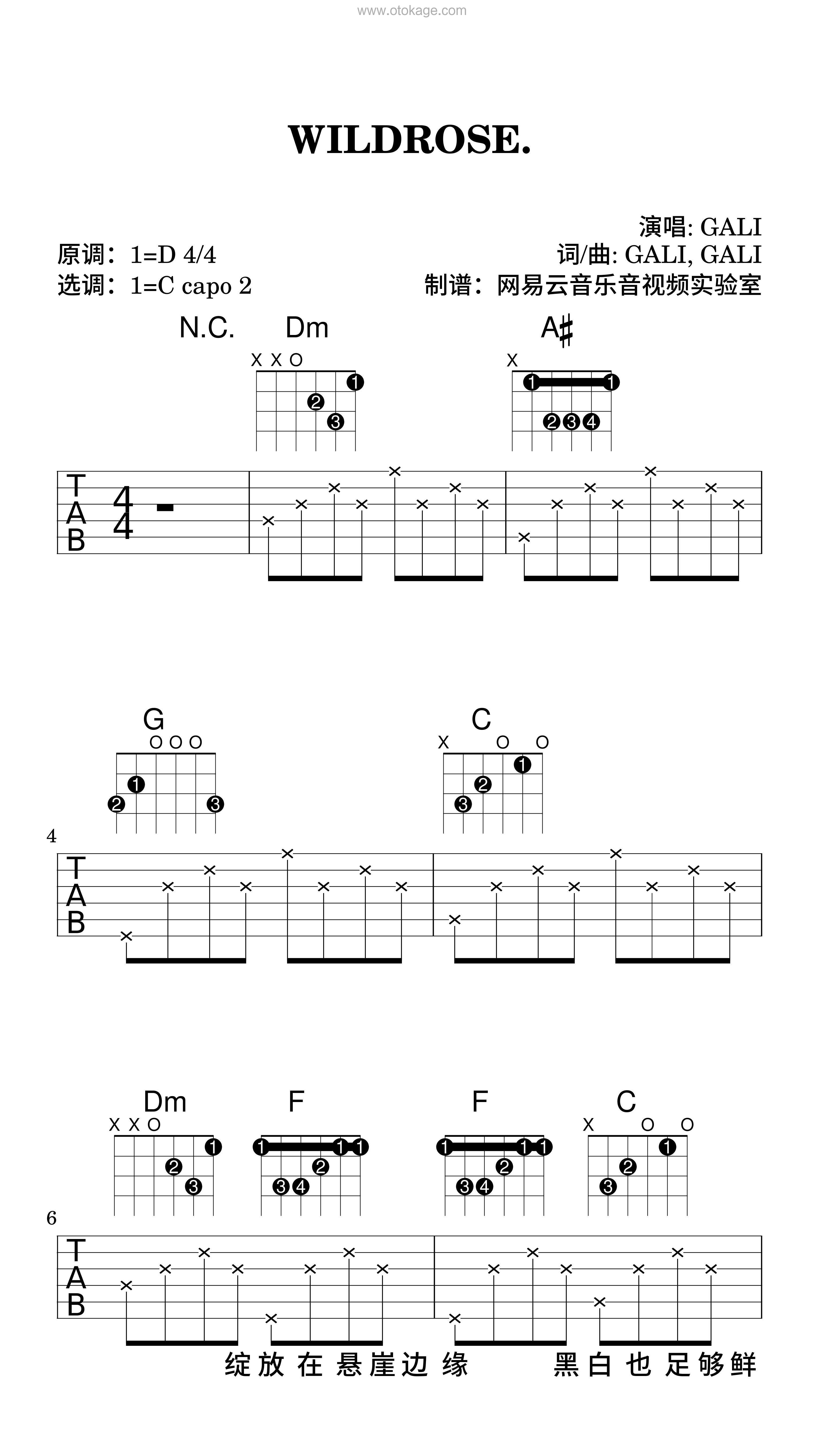 GALI《WILDROSE.吉他谱》D调_旋律沁人心田