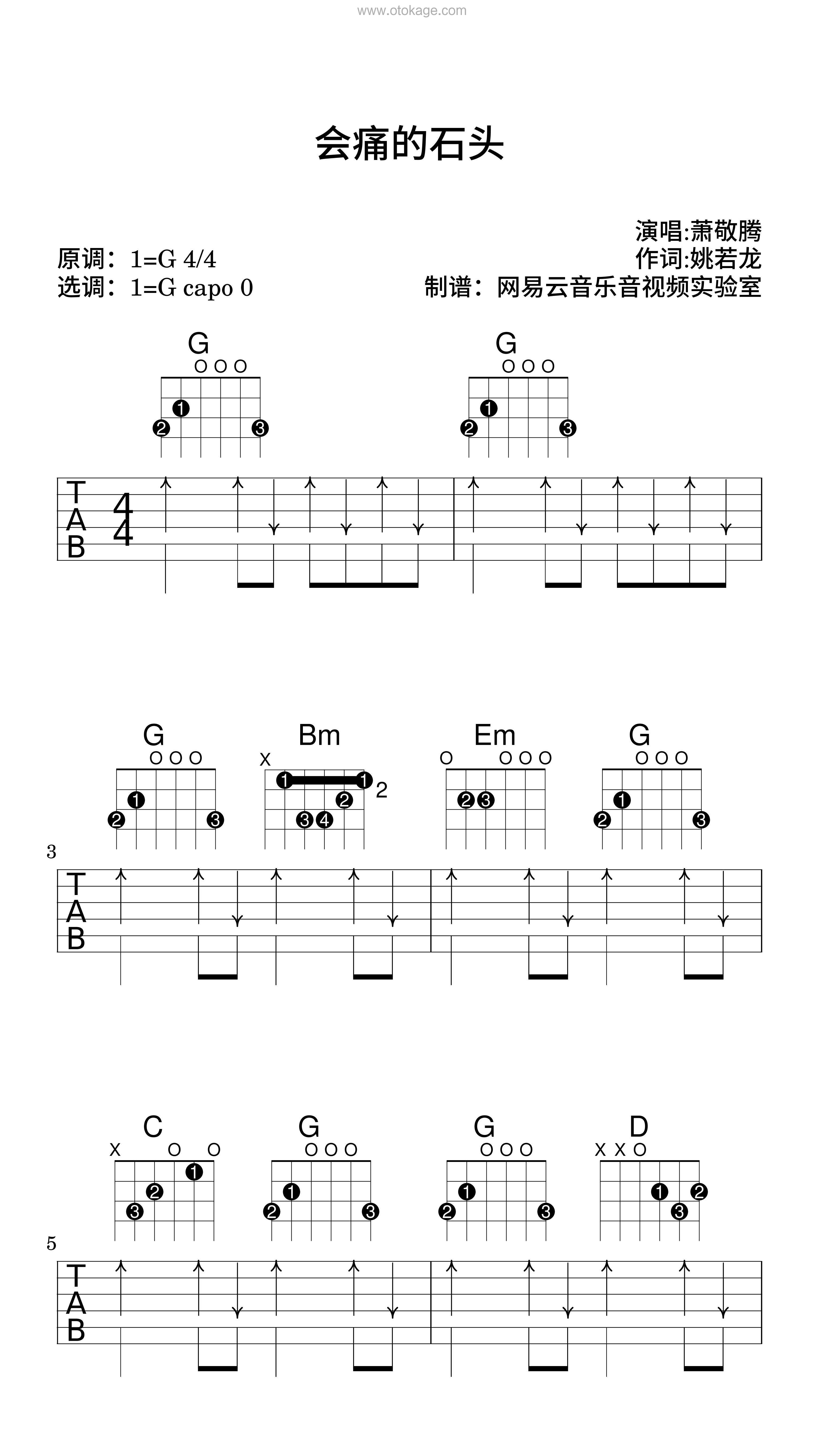 萧敬腾《会痛的石头吉他谱》G调_音色纯净通透