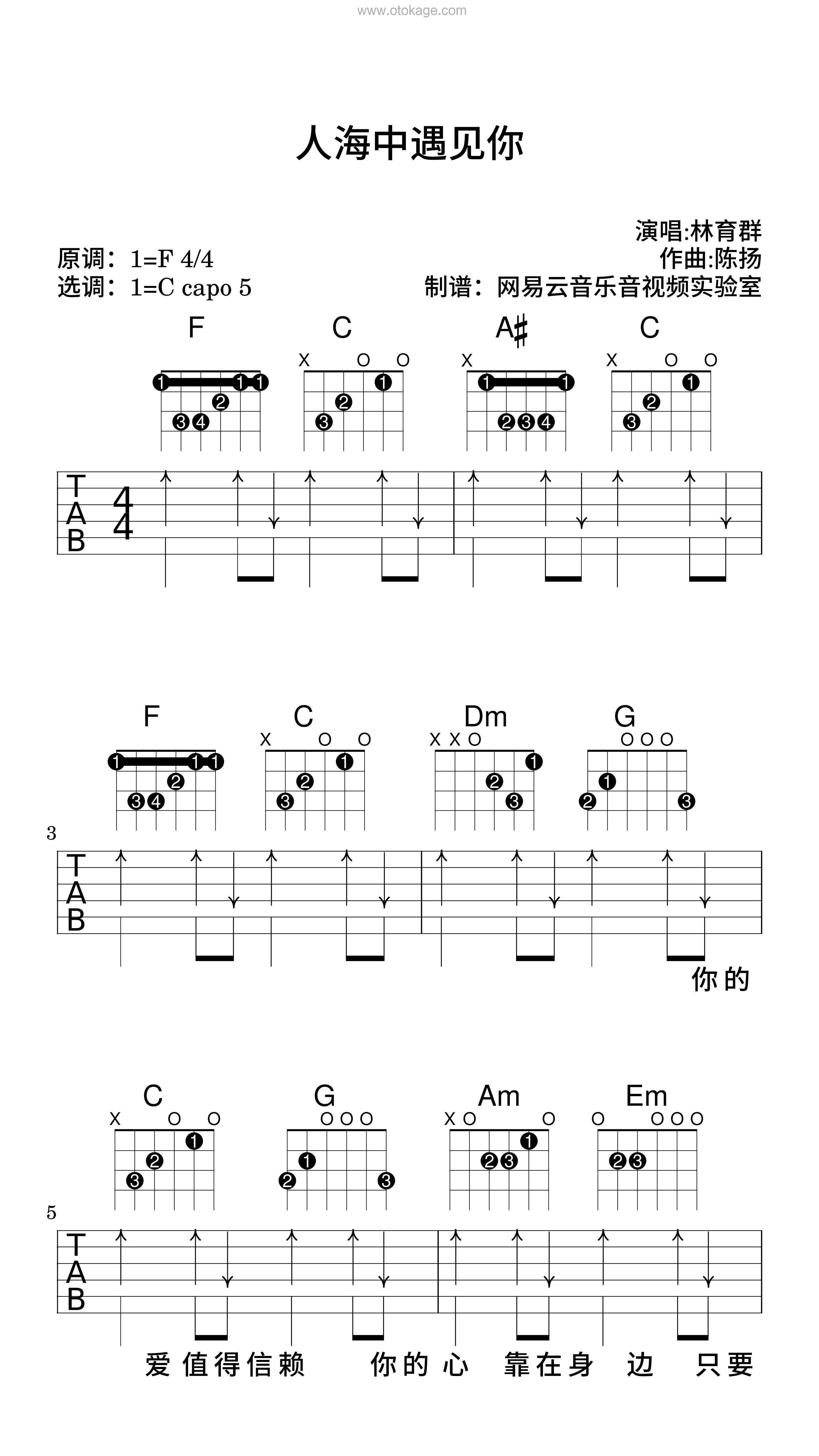 林育群《人海中遇见你吉他谱》F调_旋律回味无穷