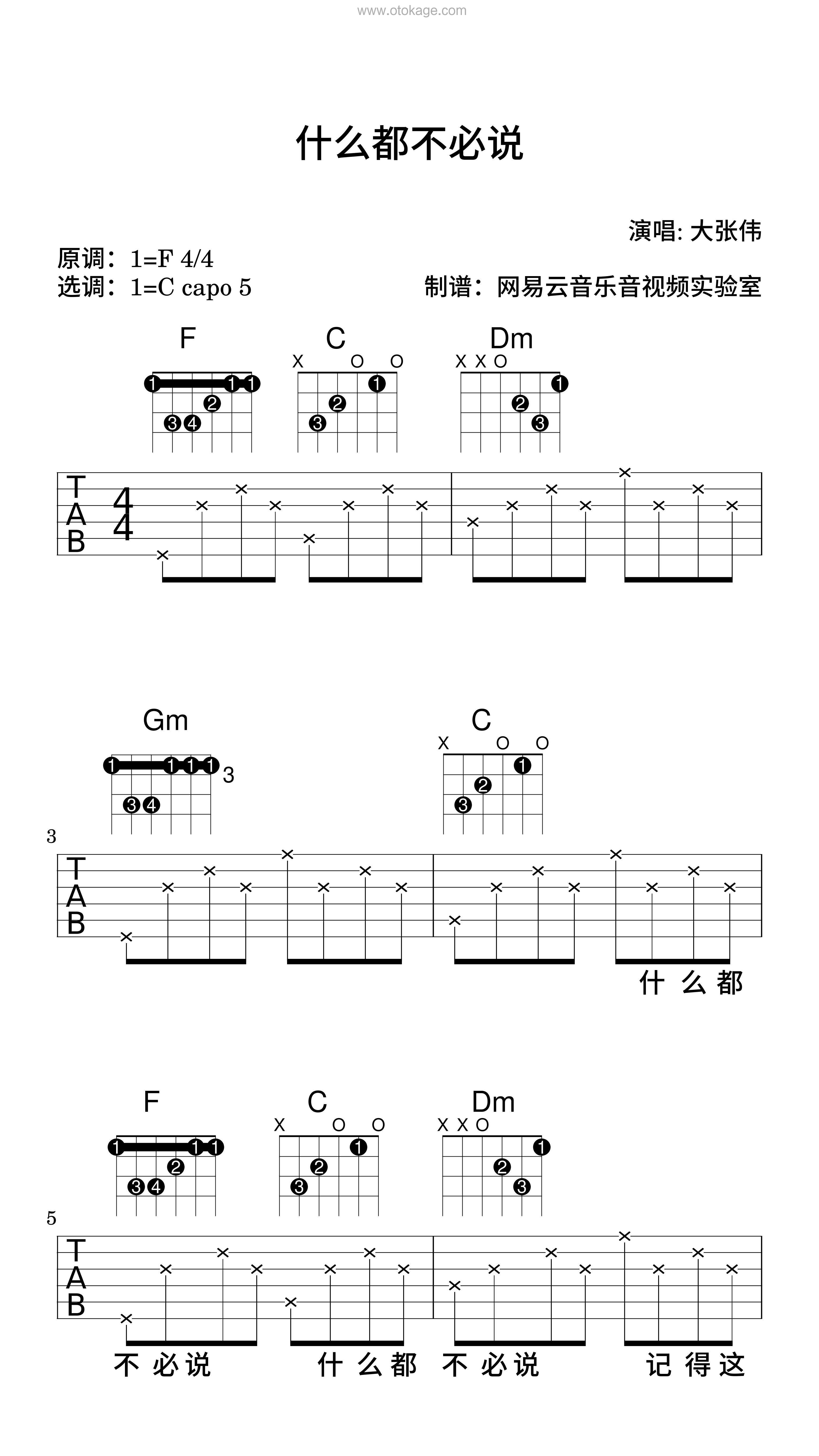 大张伟《什么都不必说吉他谱》F调_旋律感人肺腑