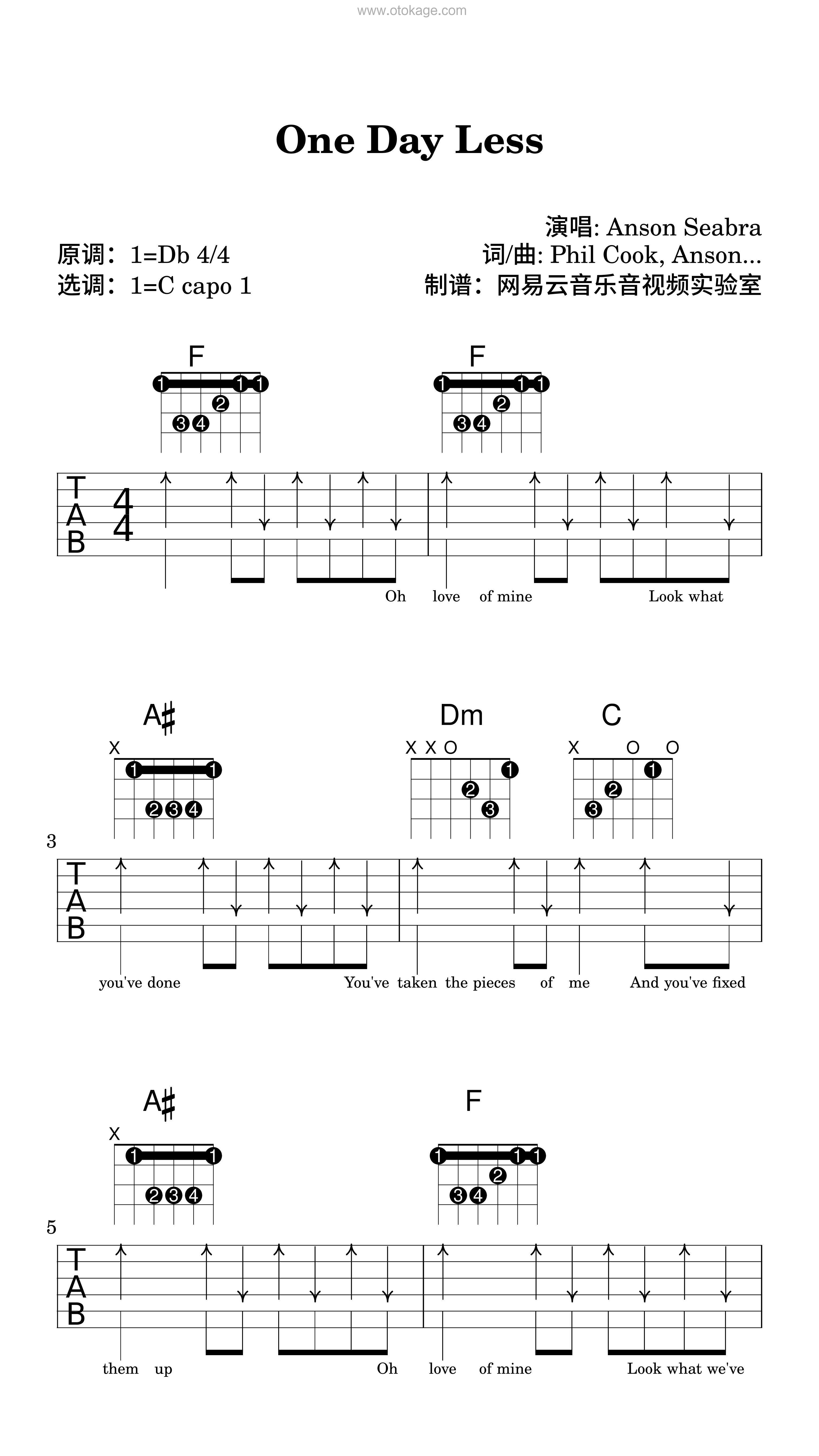 Anson Seabra《One Day Less吉他谱》降D调_音符婉转动人