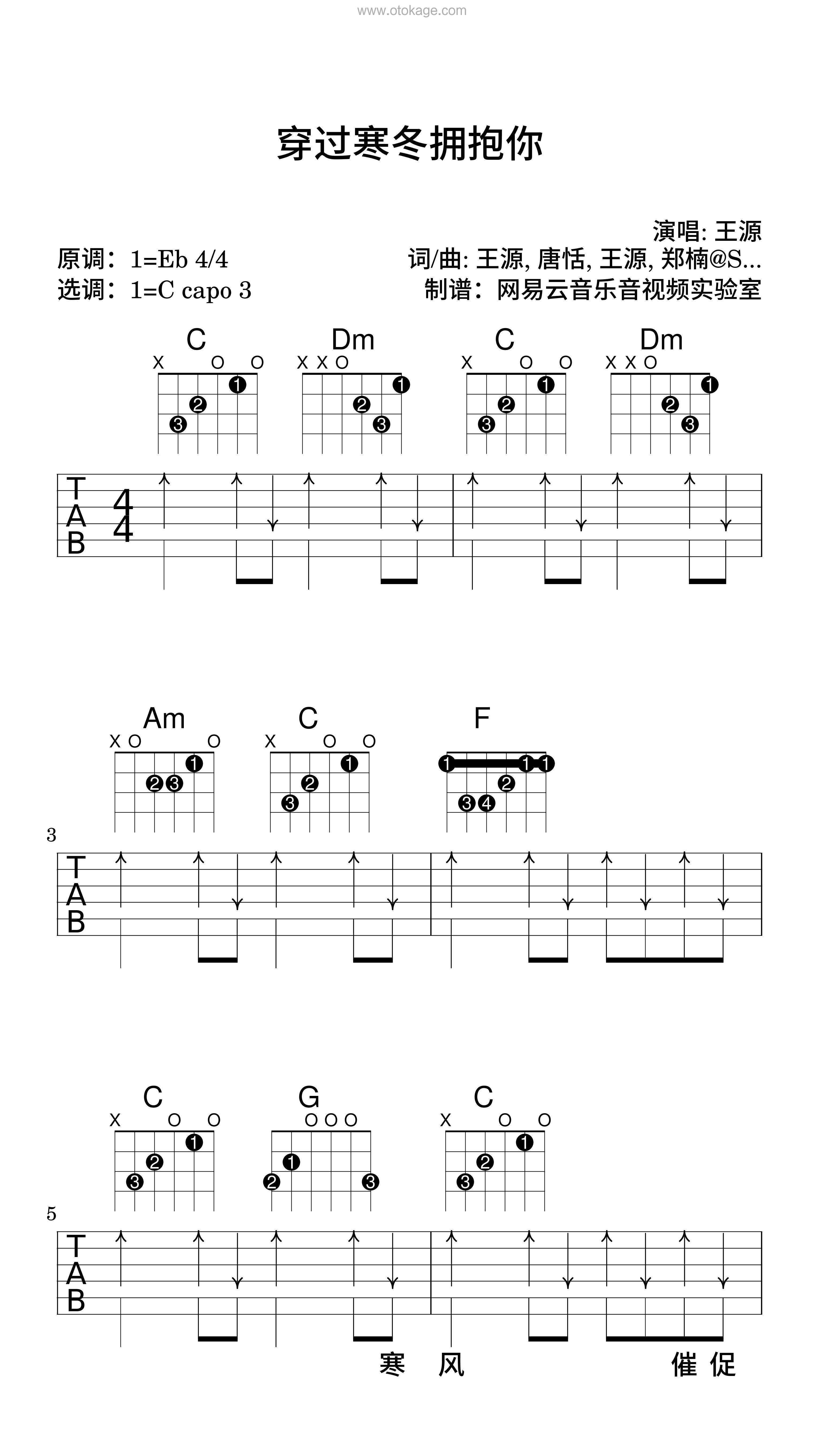 王源《穿过寒冬拥抱你吉他谱》降E调_音色纯净通透