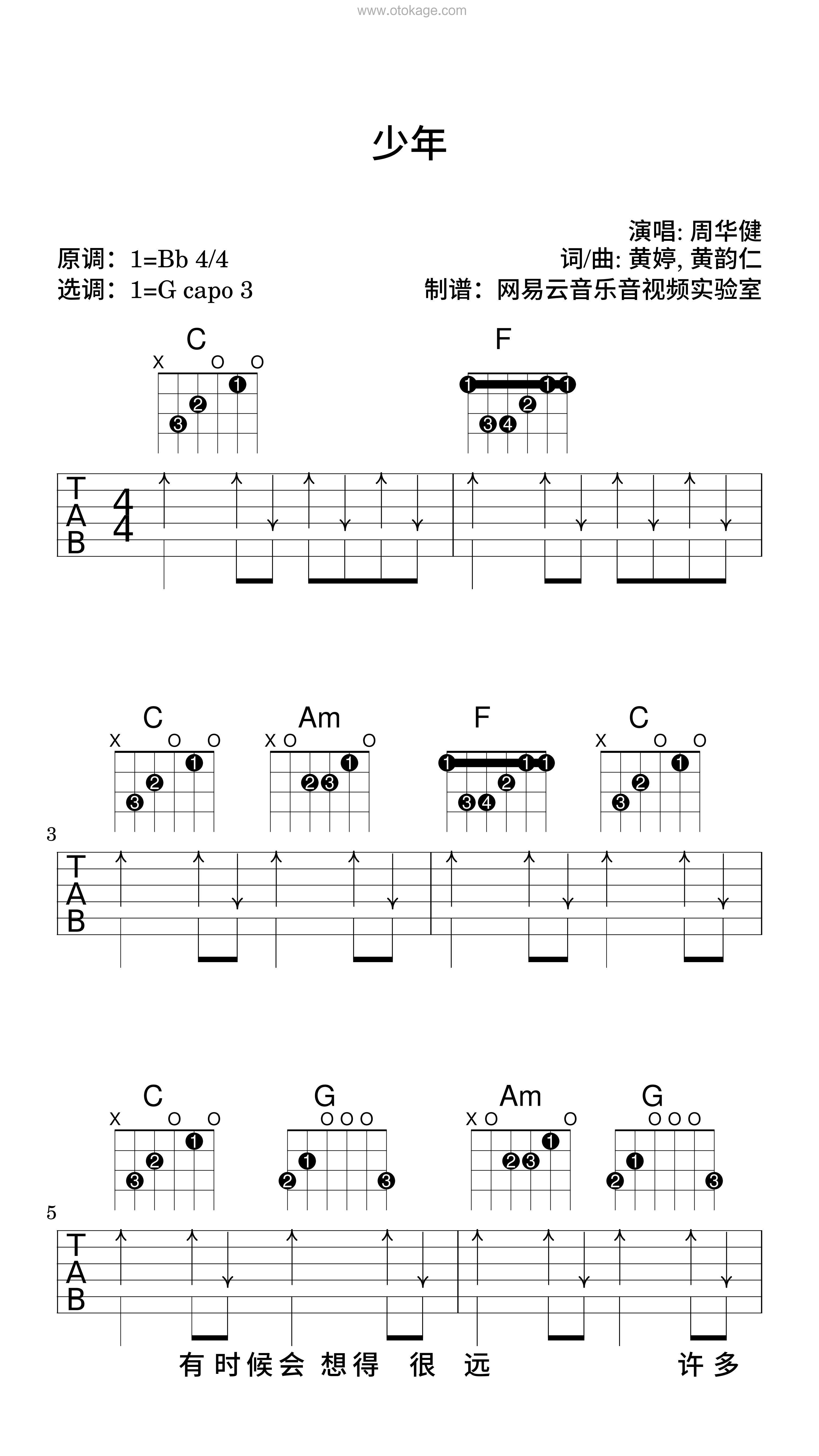 周华健《少年吉他谱》降B调_感人至深的版本