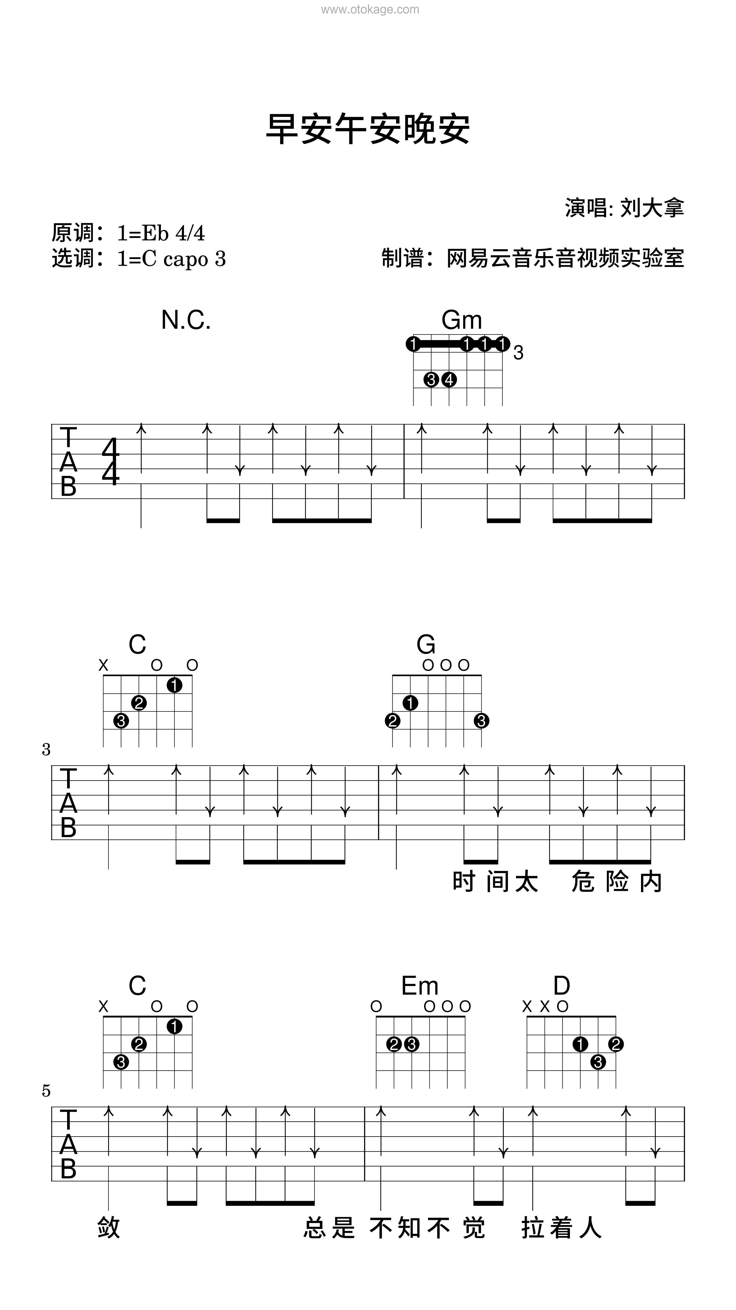 刘大拿《早安午安晚安吉他谱》降E调_音符与情感交织