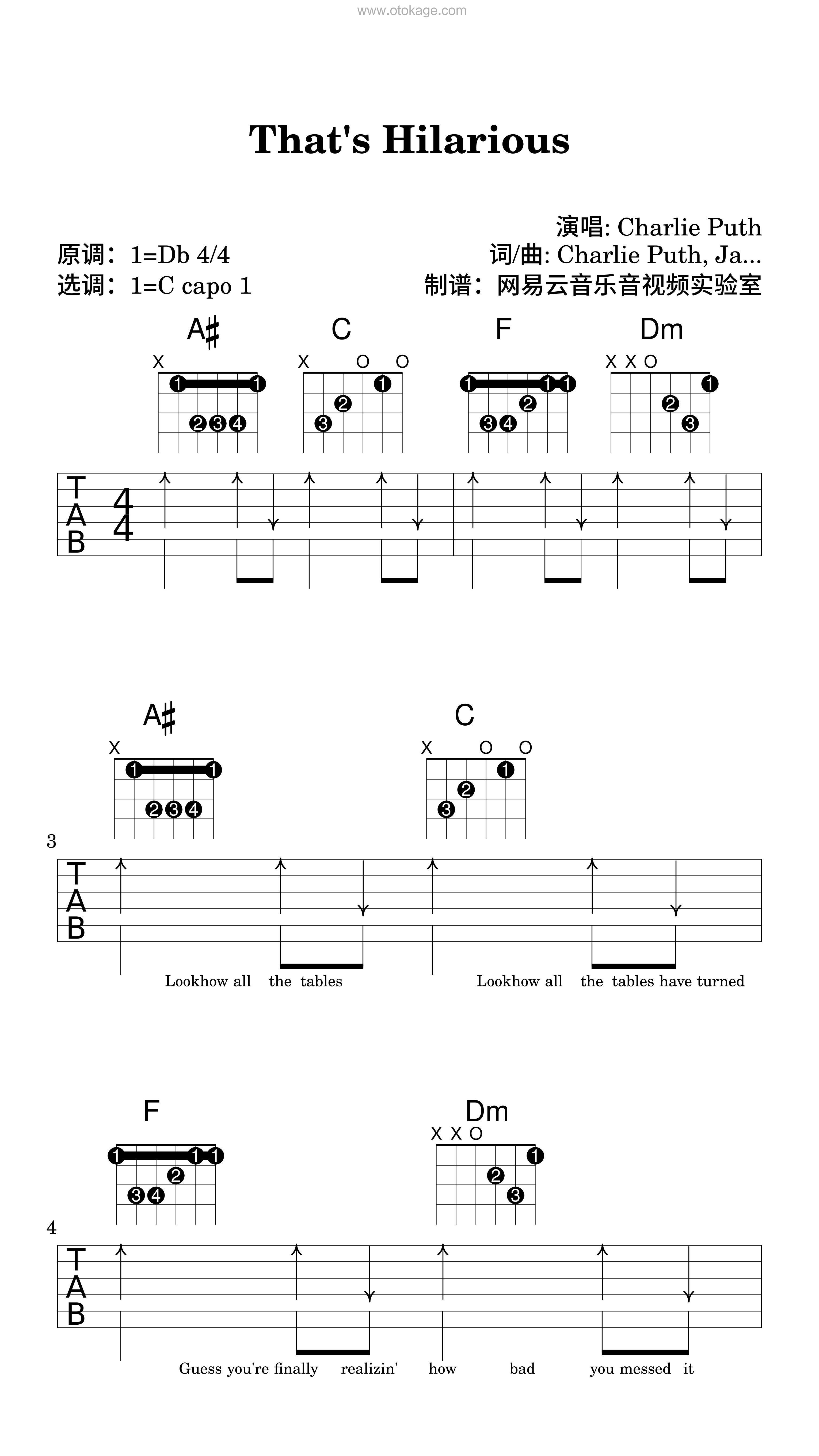 Charlie Puth《That's Hilarious吉他谱》降D调_令人难忘的和声
