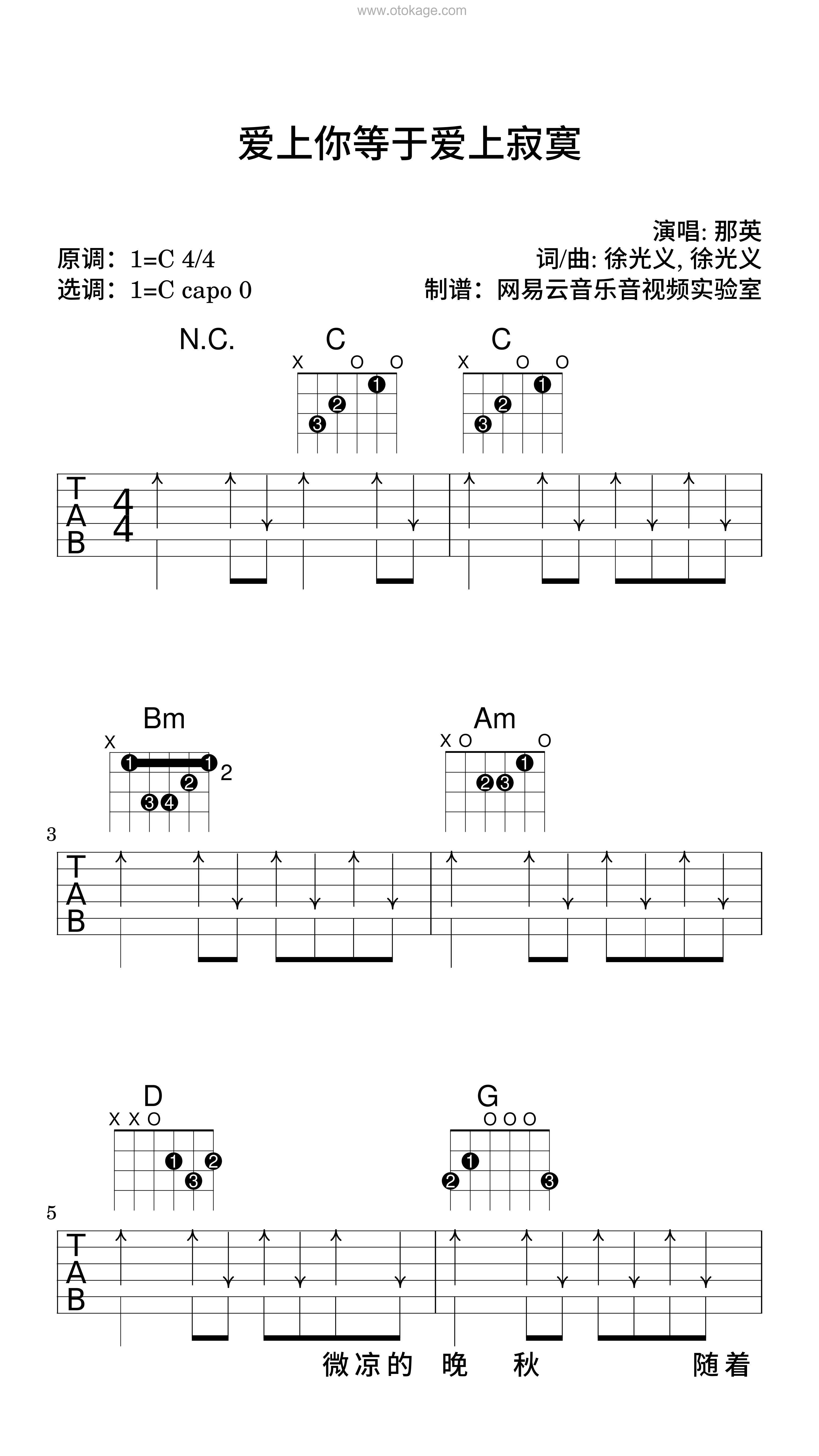 那英《爱上你等于爱上寂寞吉他谱》C调_编配非常用心