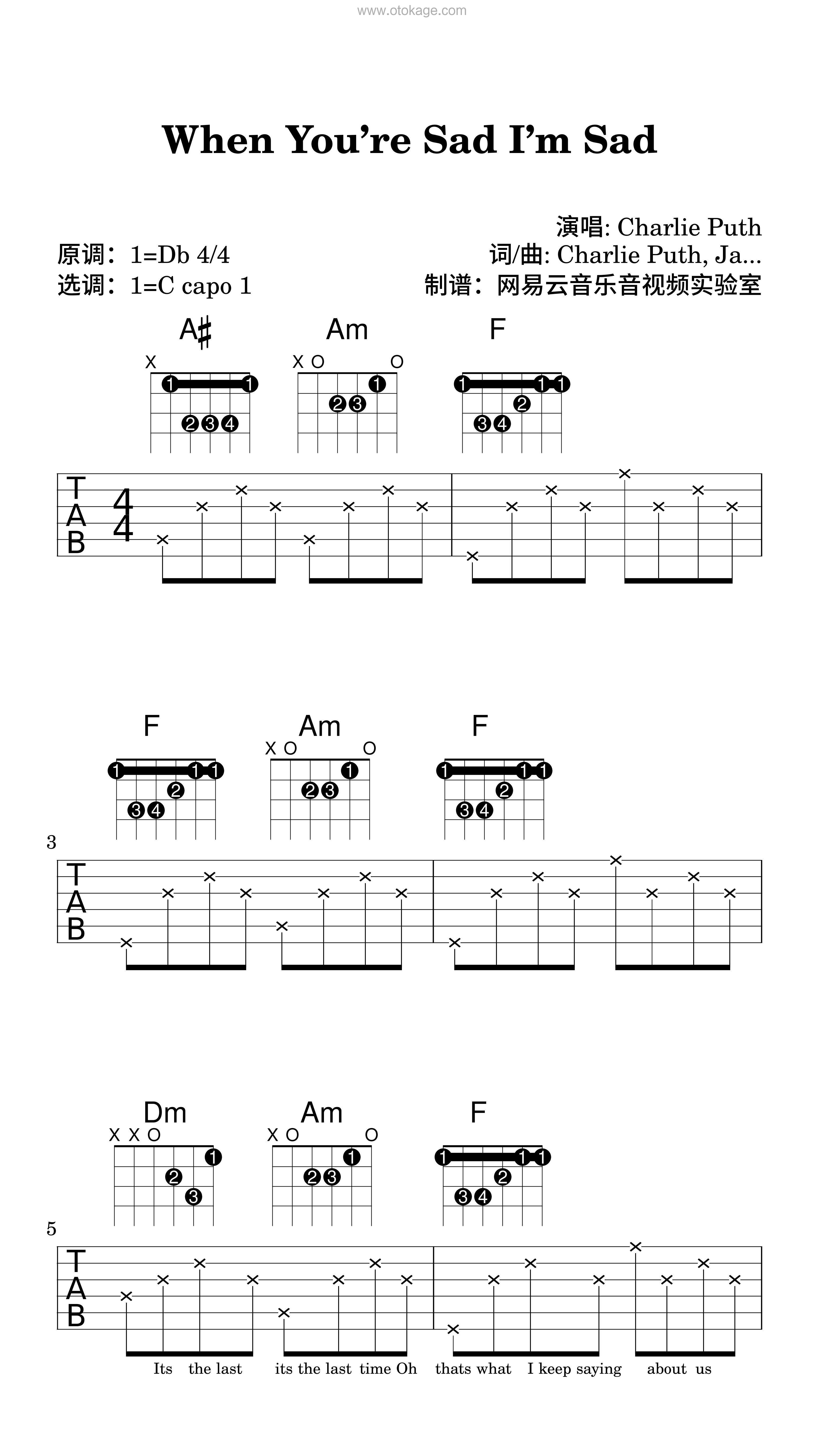 Charlie Puth《When You’re Sad I’m Sad吉他谱》降D调_完美契合情感
