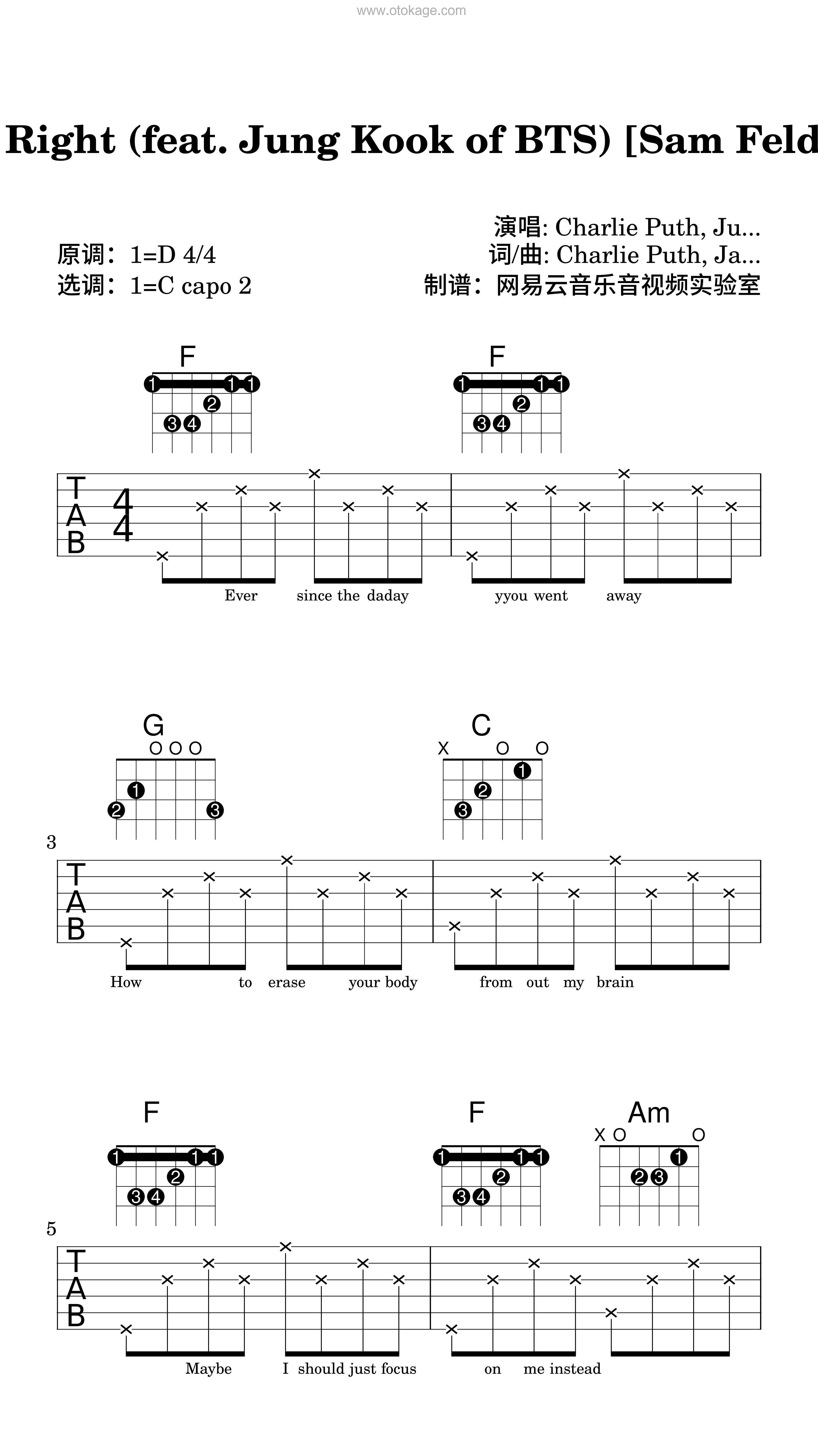 Charlie Puth,Jung Kook of BTS《Left and Right (feat. Jung Kook of BTS) [Sam Feldt Remix]吉他谱》D调_完美融合情感