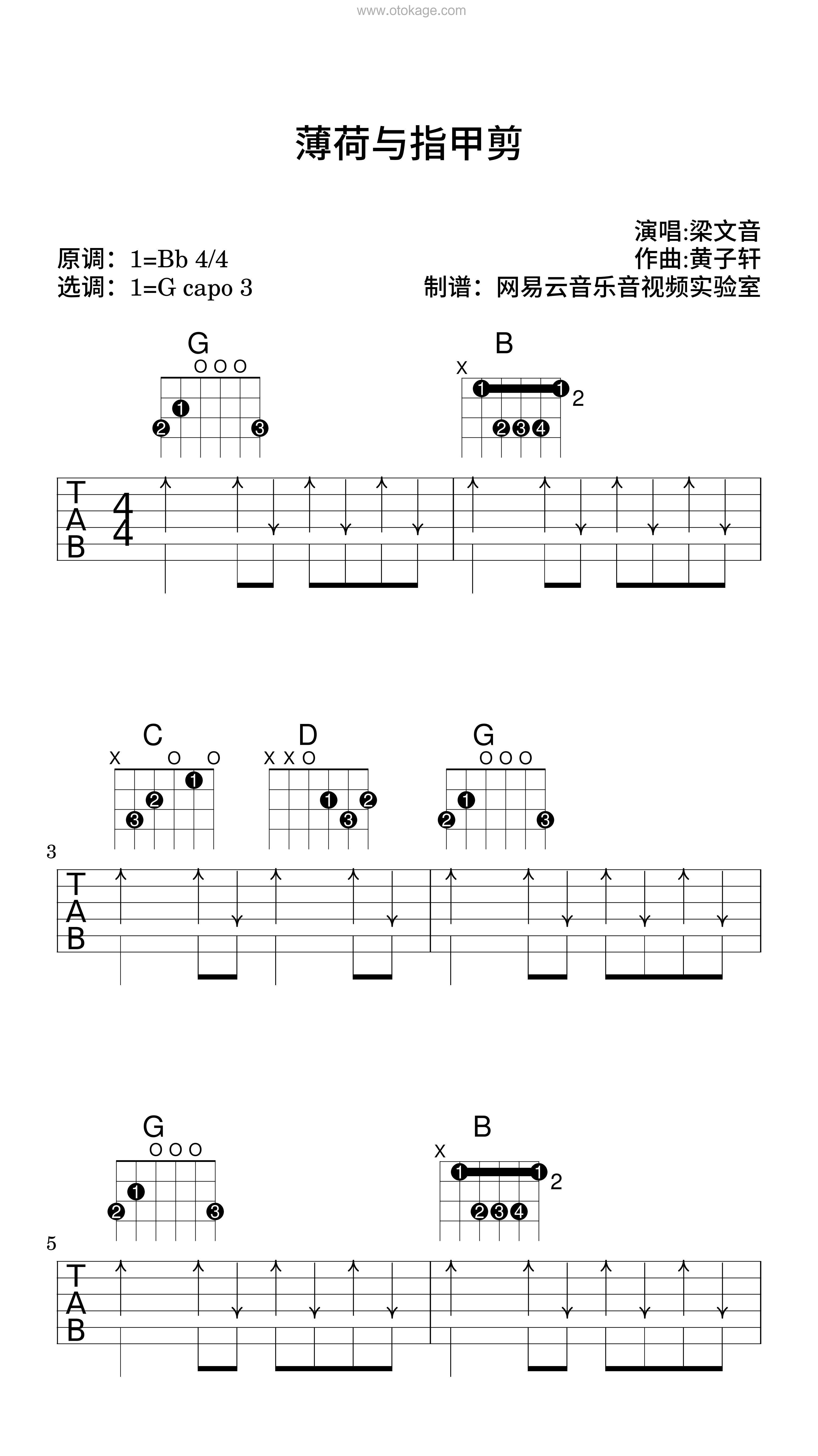 梁文音《薄荷与指甲剪吉他谱》降B调_编曲大气磅礴