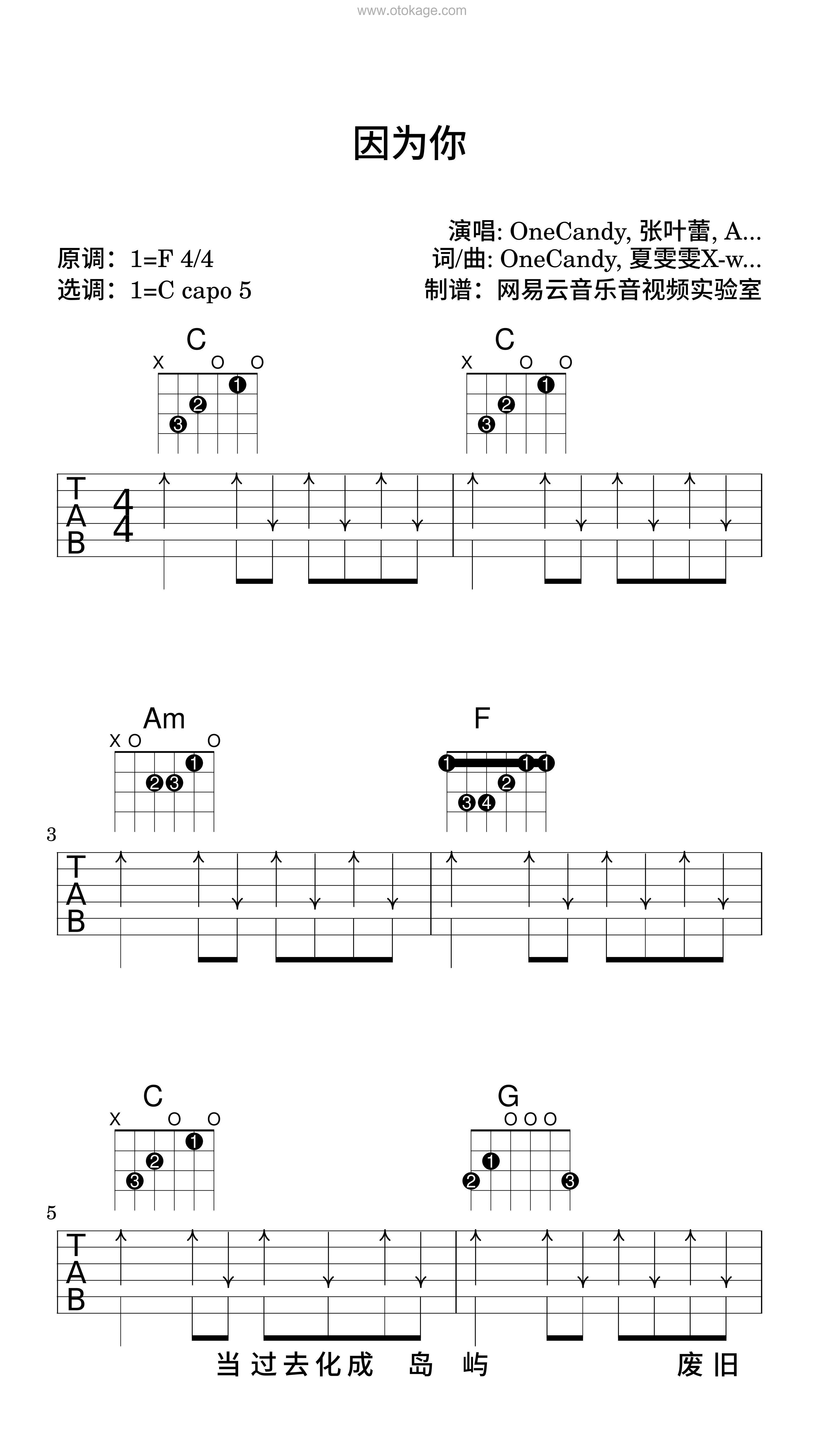 OneCandy,张叶蕾《因为你吉他谱》F调_旋律自然流畅