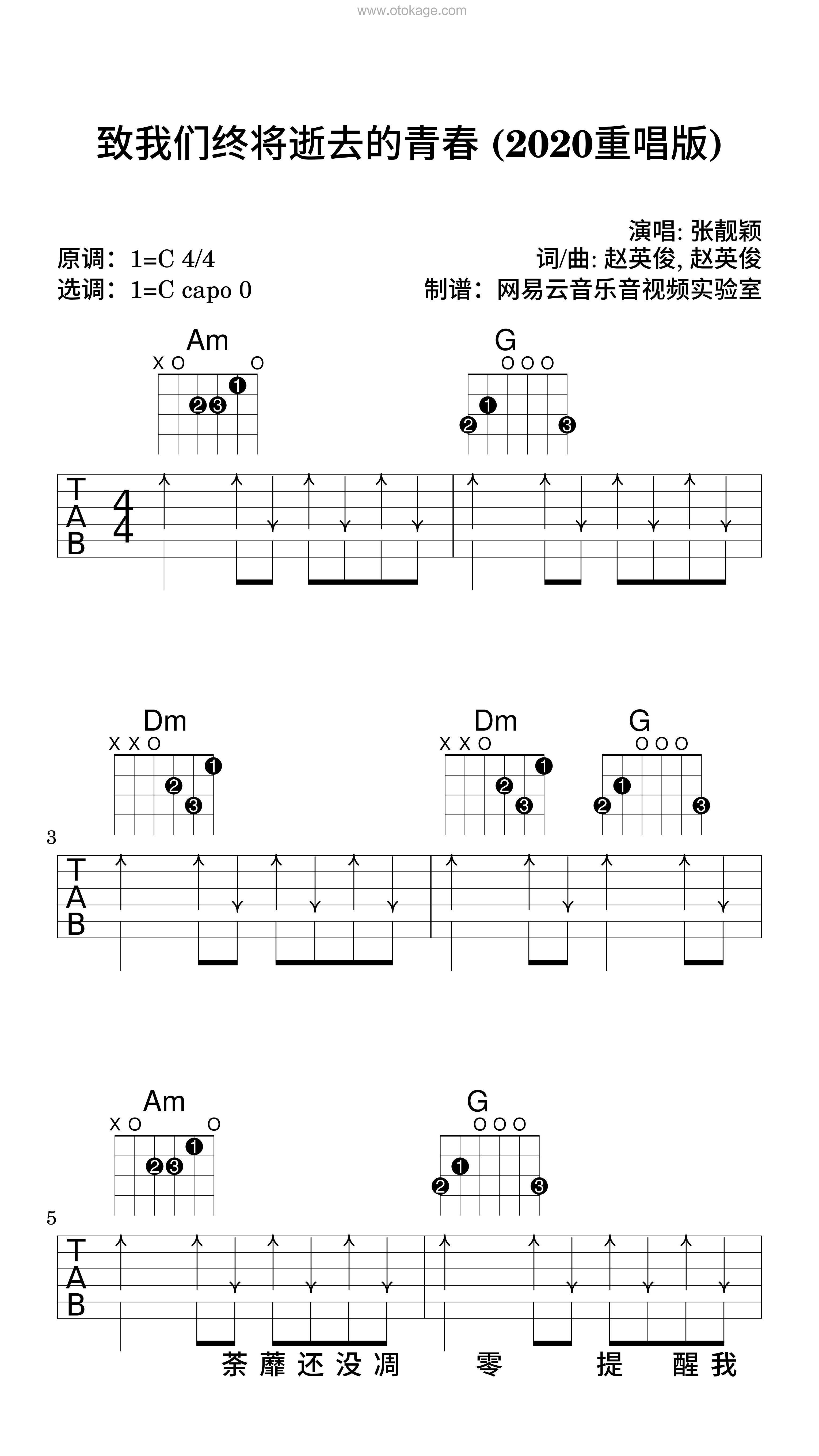 张靓颖《致我们终将逝去的青春 (2020重唱版)吉他谱》C调_完美的声线搭配