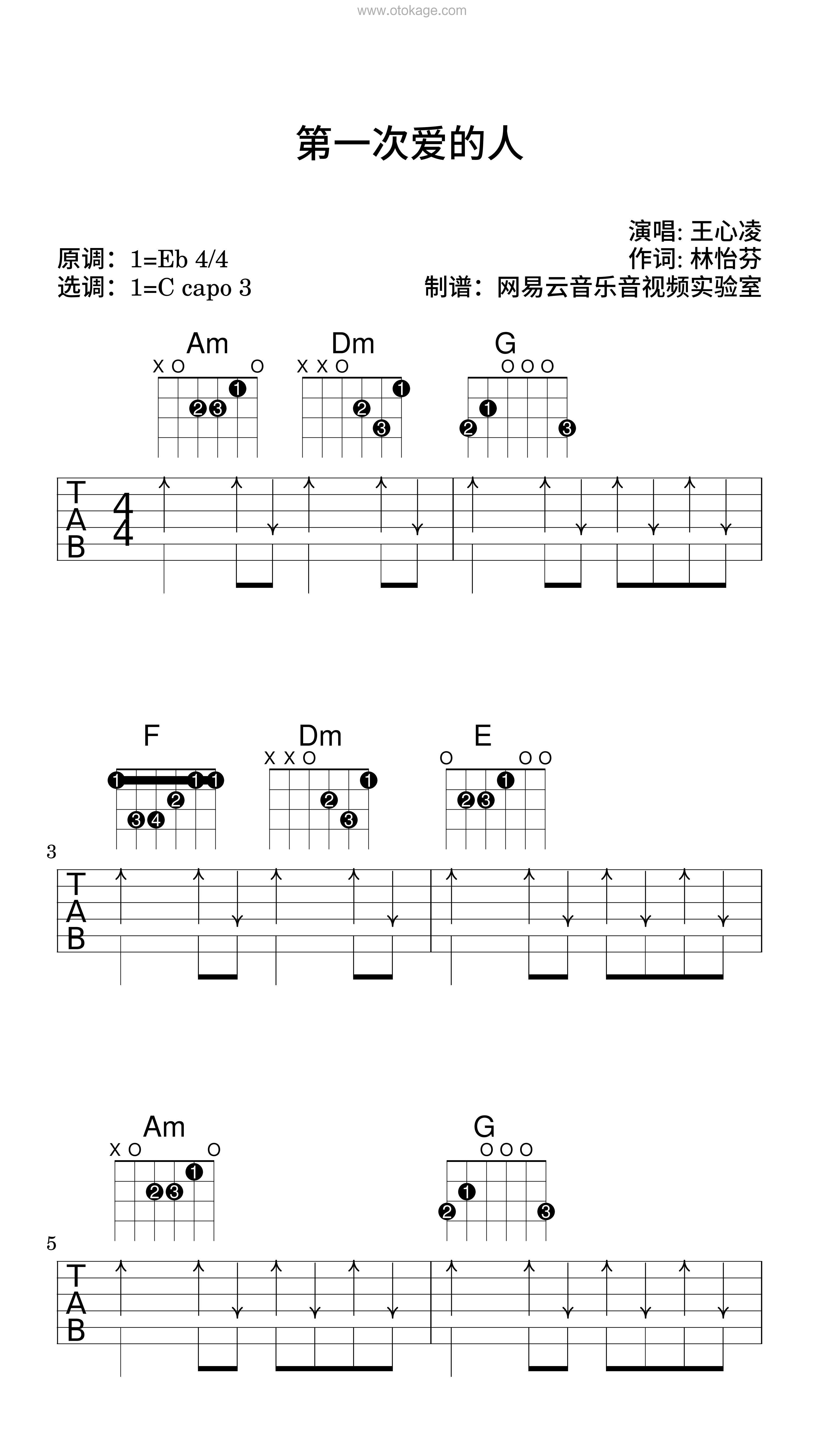 王心凌《第一次爱的人吉他谱》降E调_节奏优美迷人