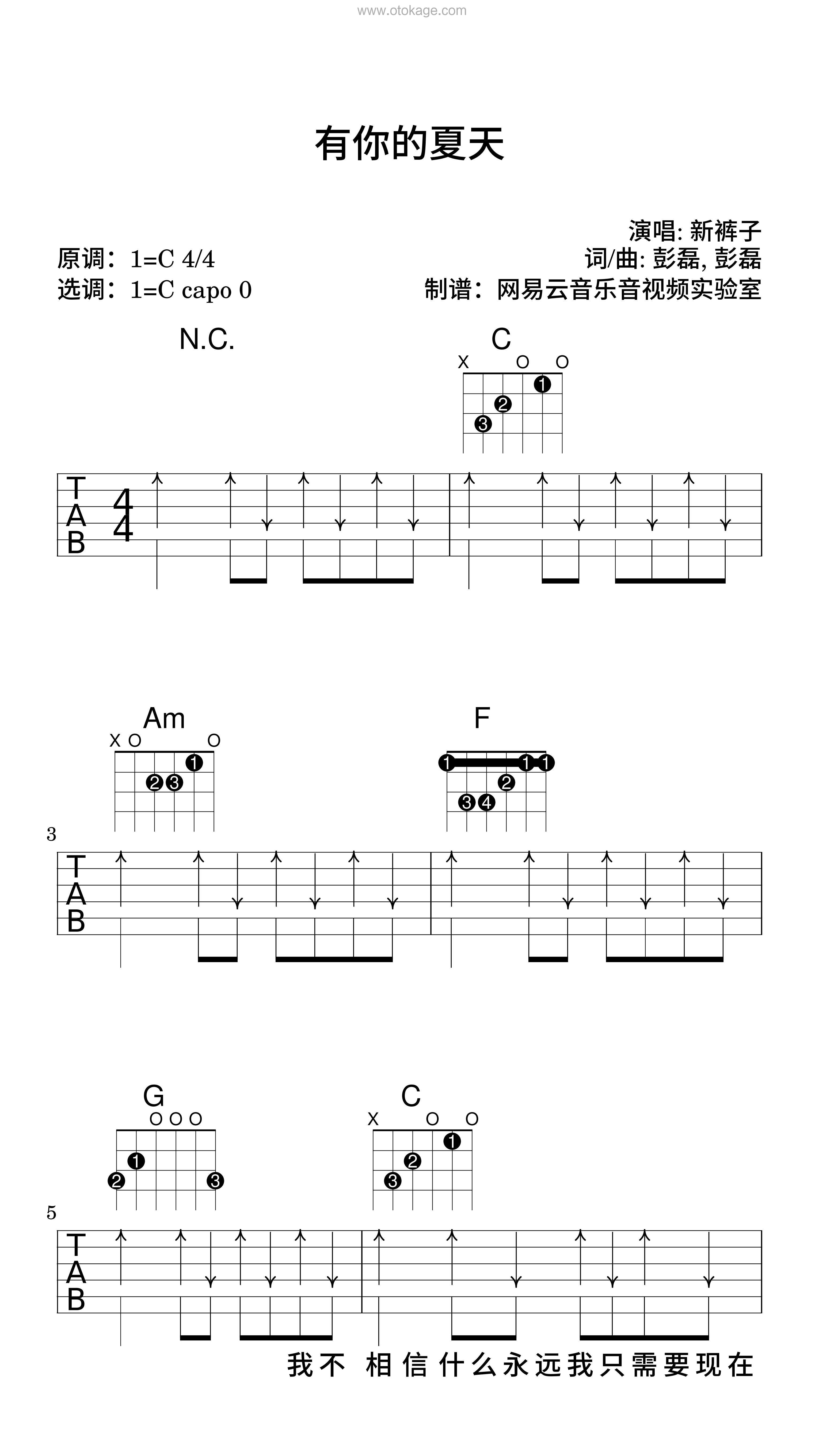 新裤子《有你的夏天吉他谱》C调_清澈纯净的音符