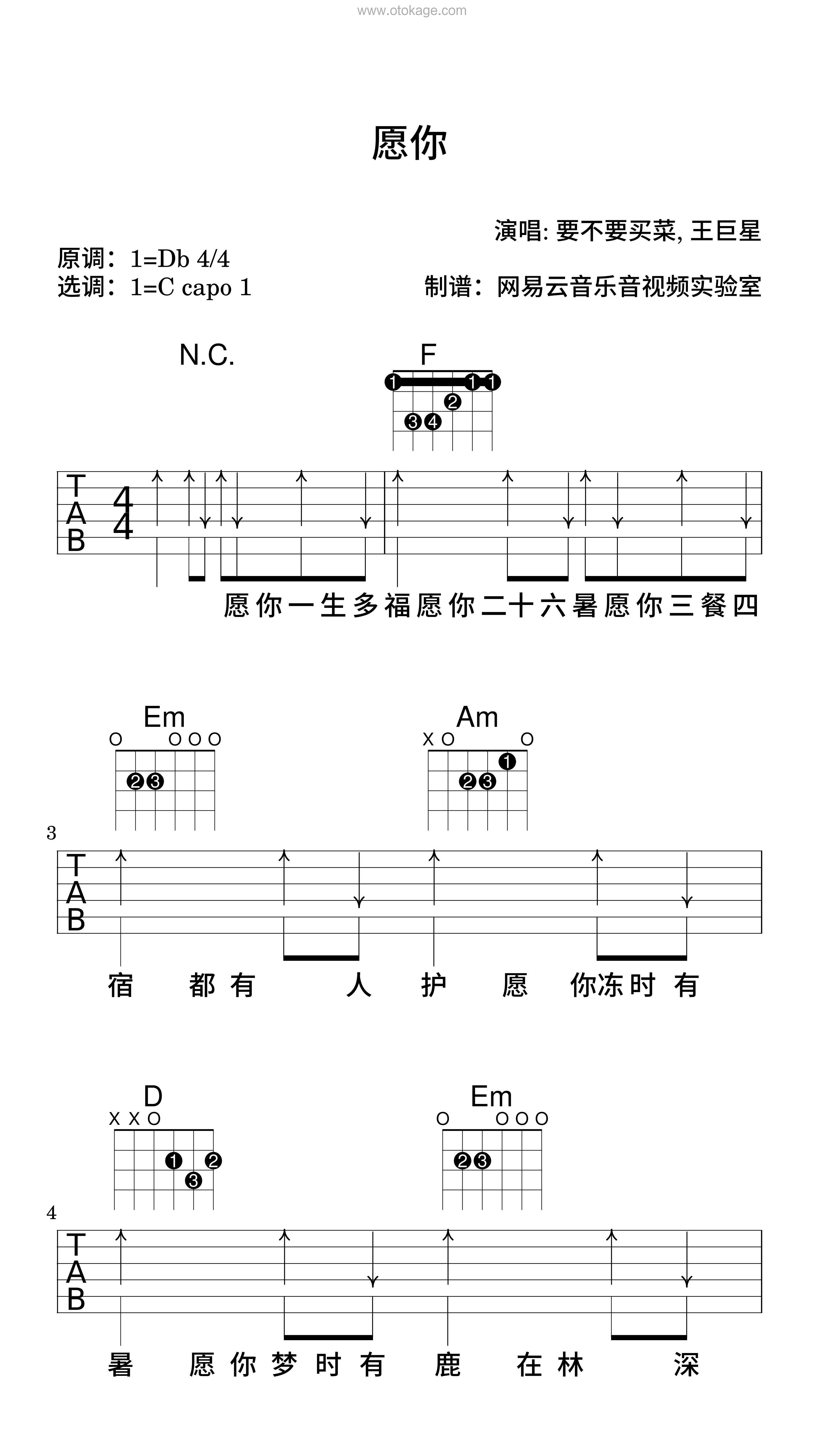 要不要买菜,王巨星《愿你吉他谱》降D调_音符轻盈流畅