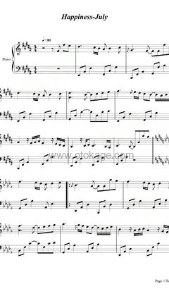 July《Happiness钢琴谱》B调_节奏充满活力