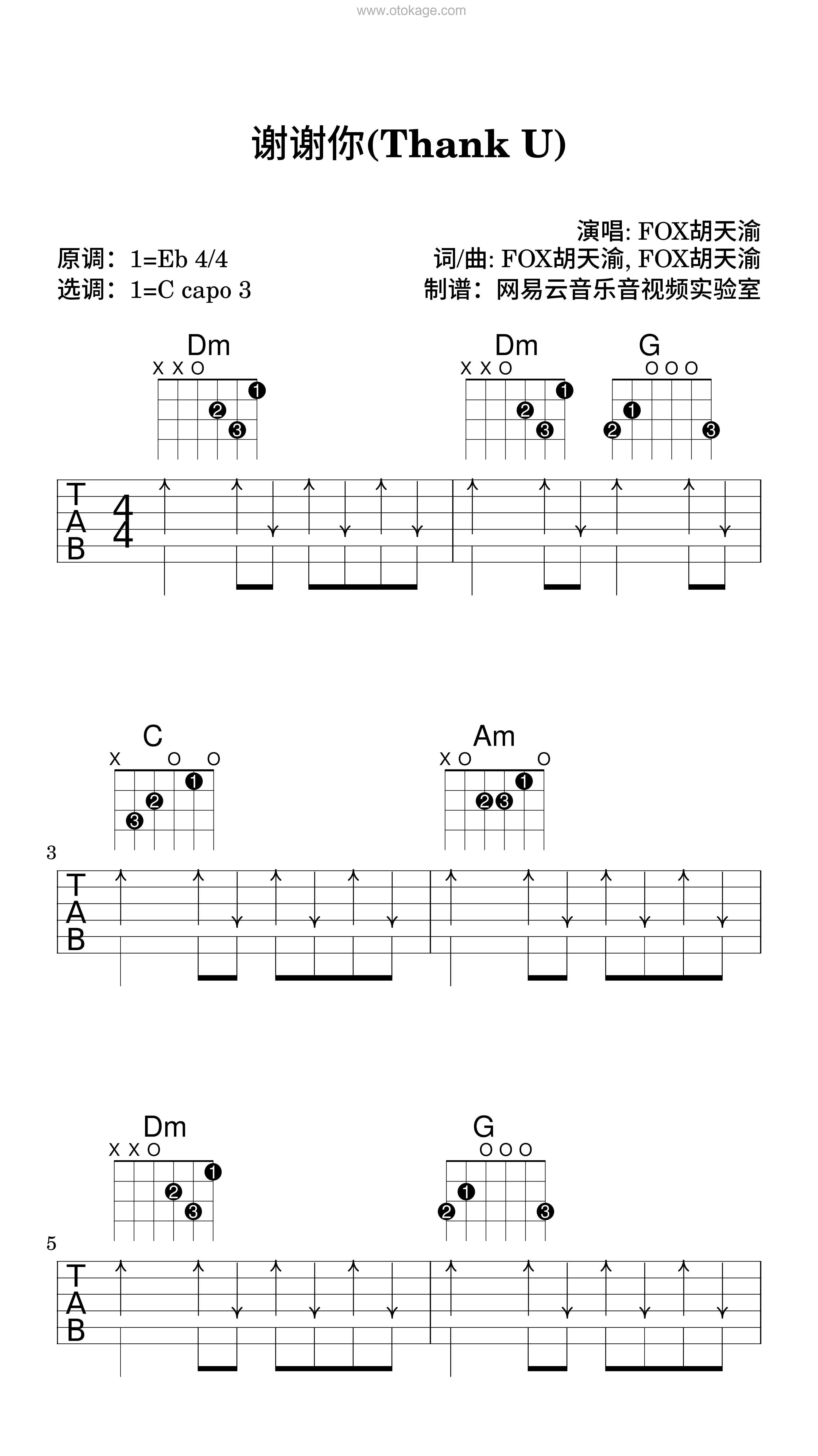 FOX胡天渝《谢谢你(Thank U)吉他谱》降E调_编配充满想象力