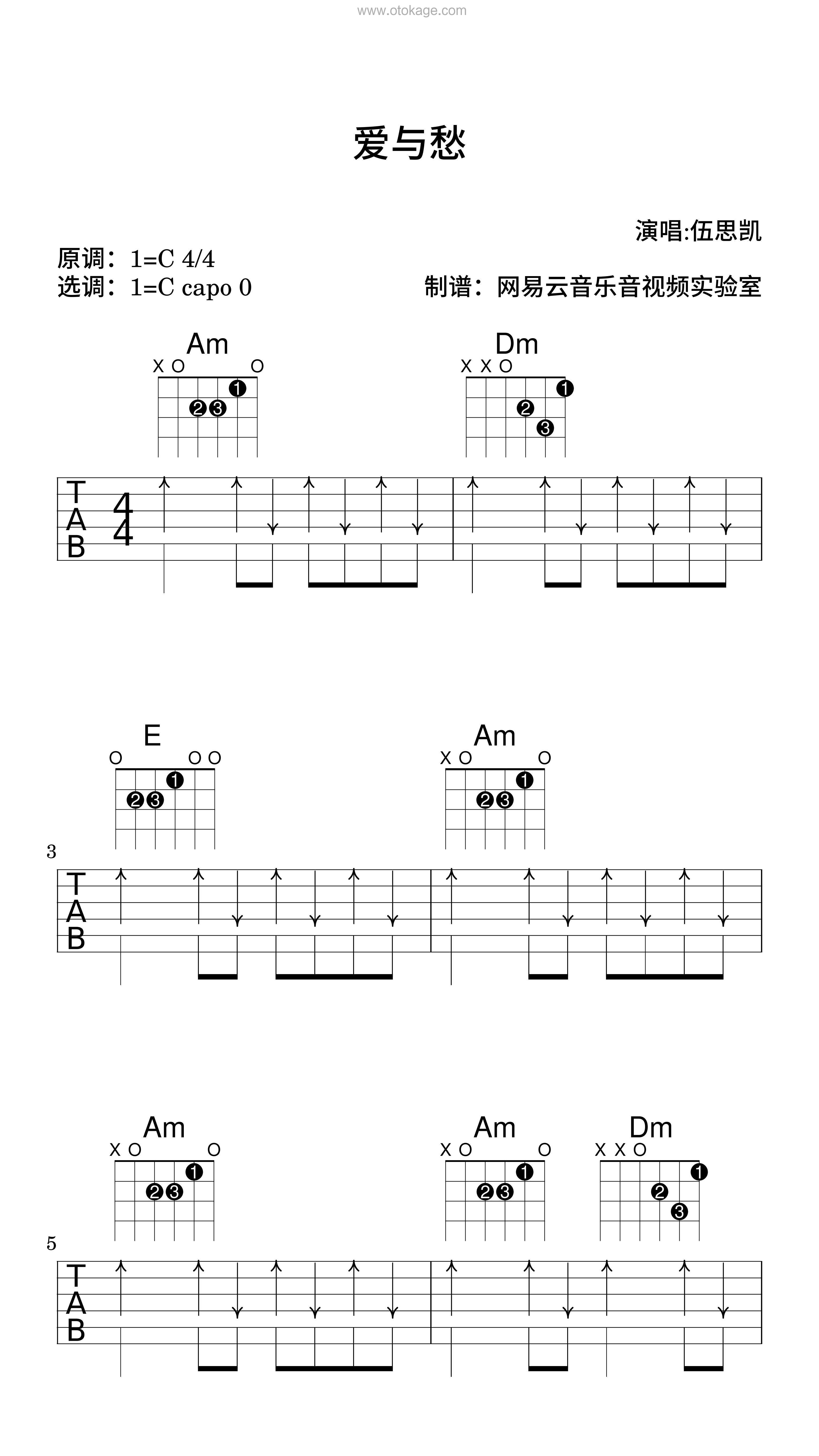 伍思凯《爱与愁吉他谱》C调_节奏带动情绪
