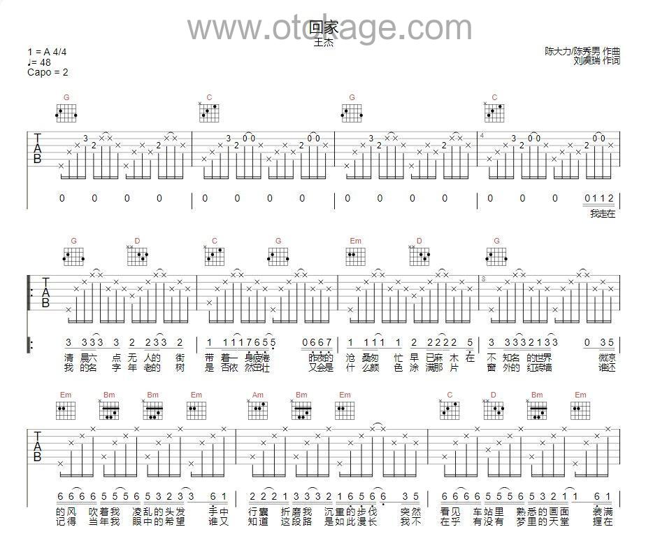 王杰《回家吉他谱》A调_柔和的音色渲染