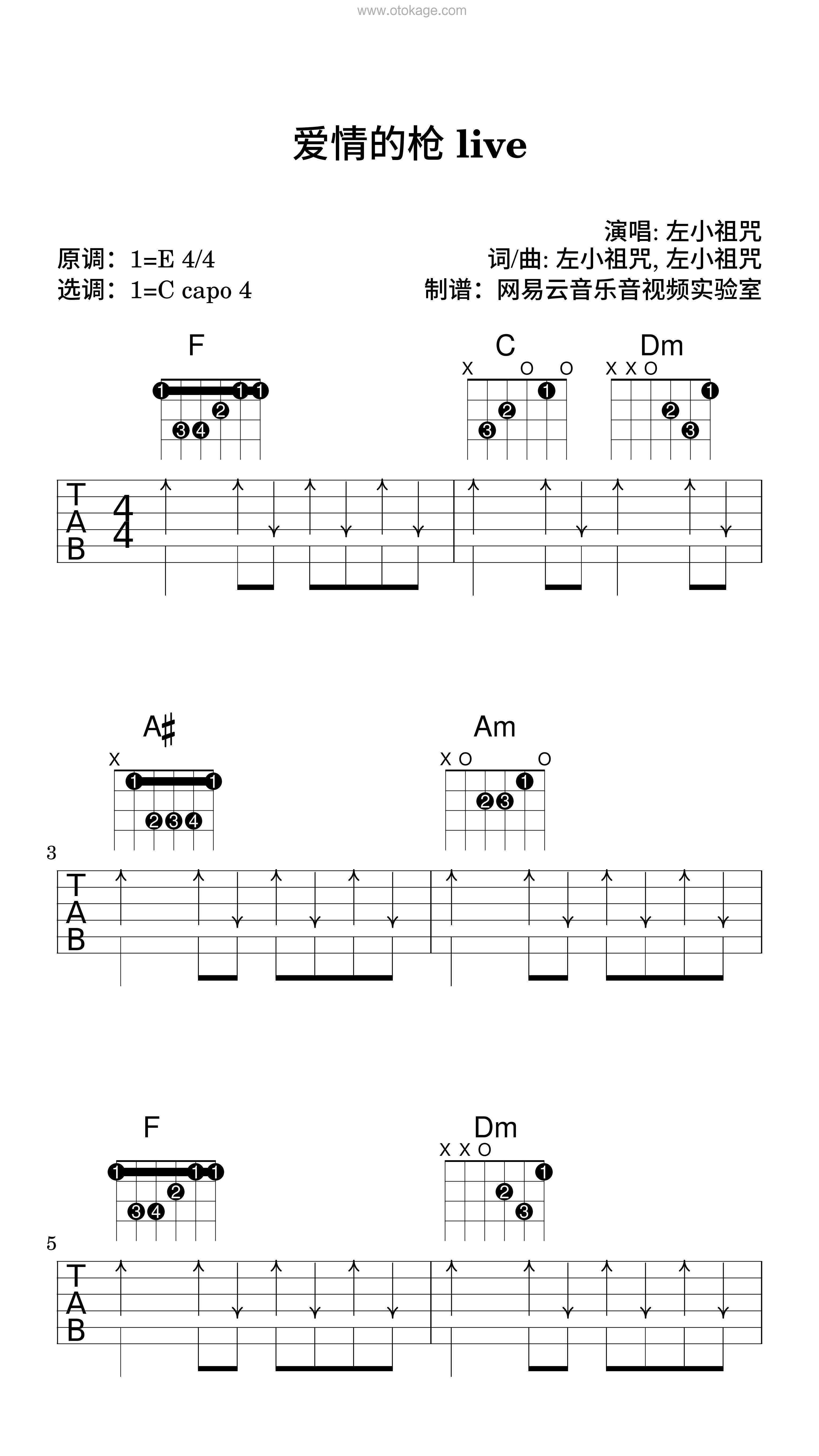 左小祖咒《爱情的枪 live吉他谱》E调_节奏优雅轻快