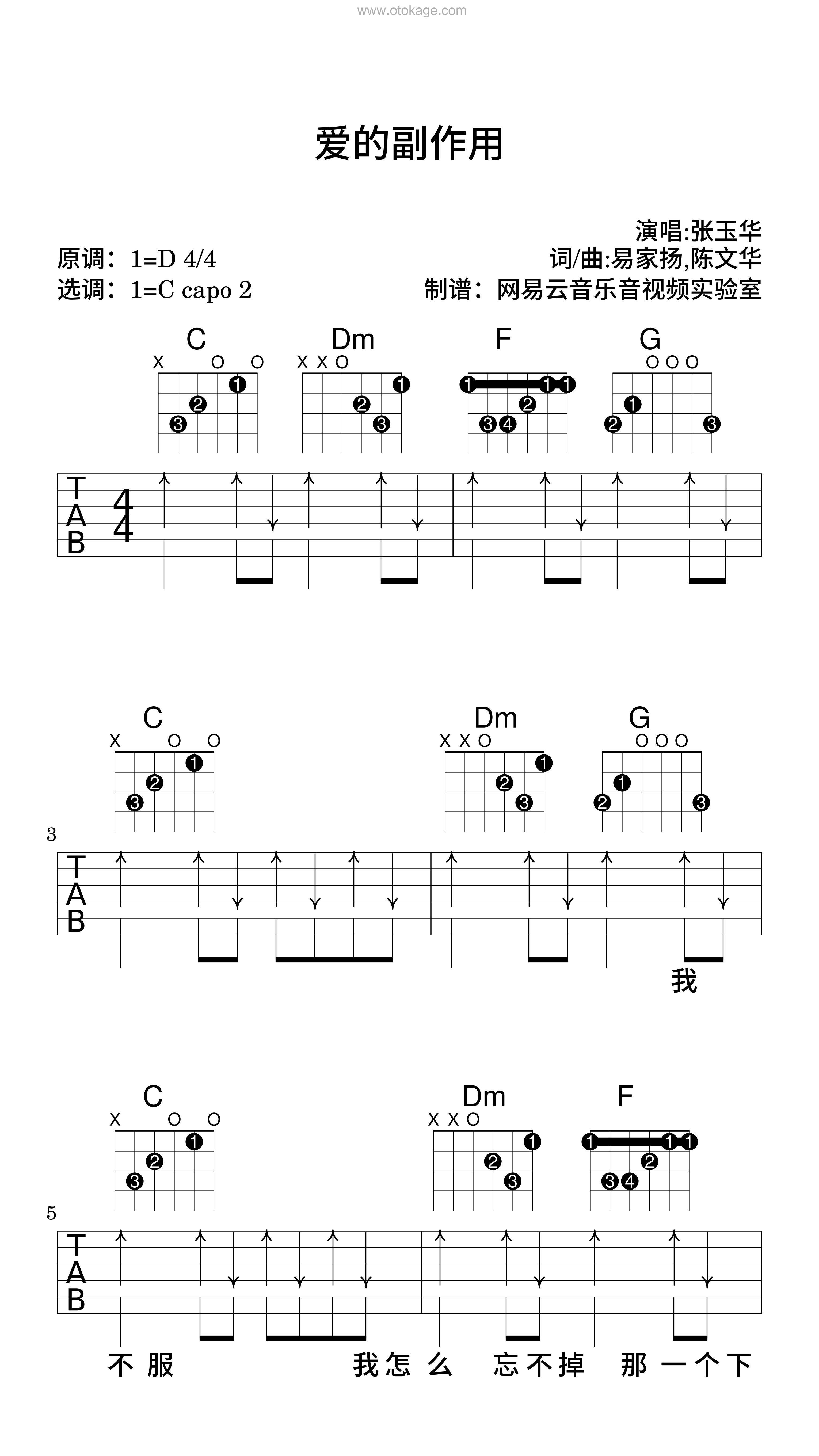 张玉华《爱的副作用吉他谱》D调_节奏充满活力