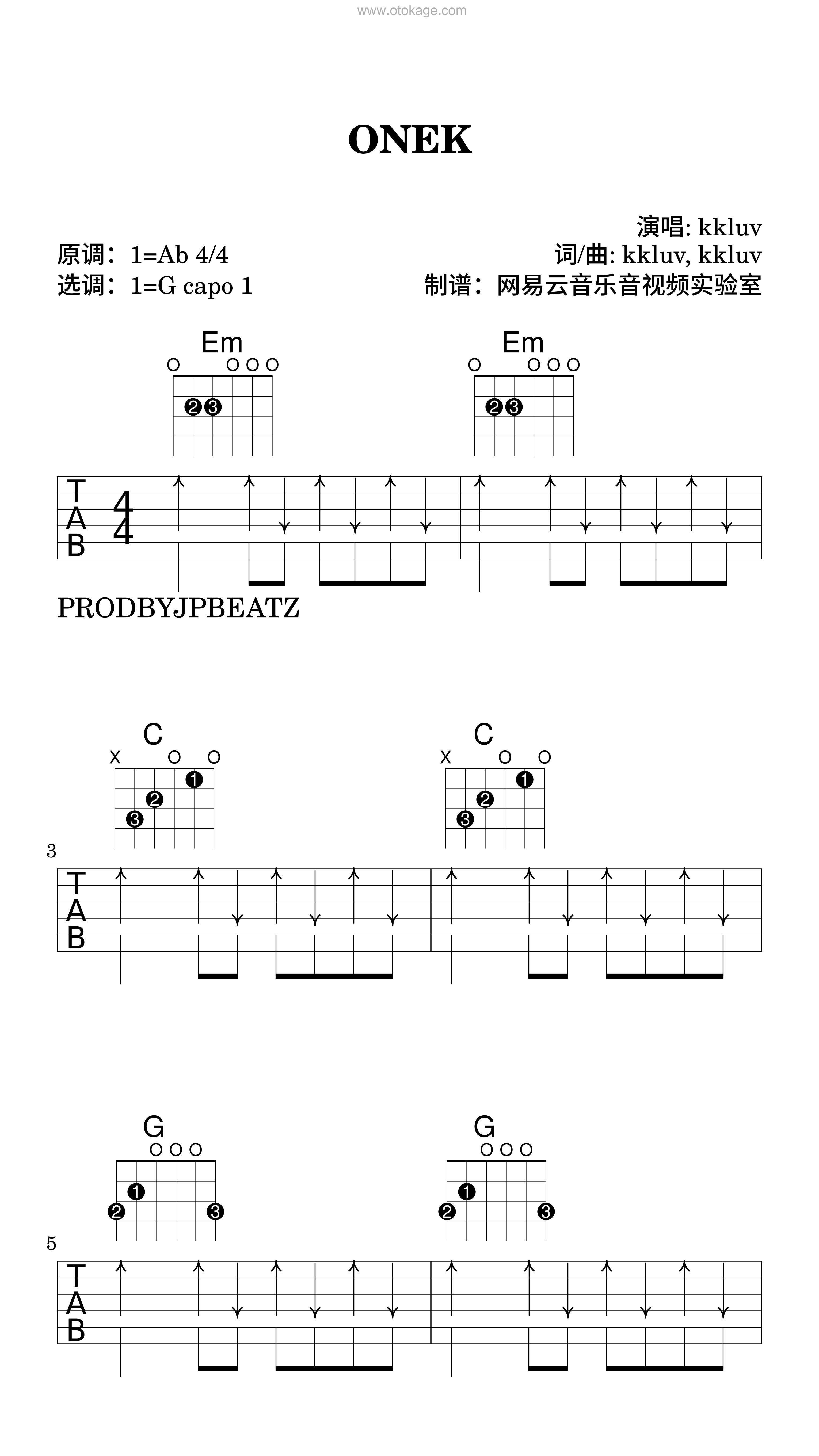 kkluv《ONEK吉他谱》降A调_音乐沁人心扉