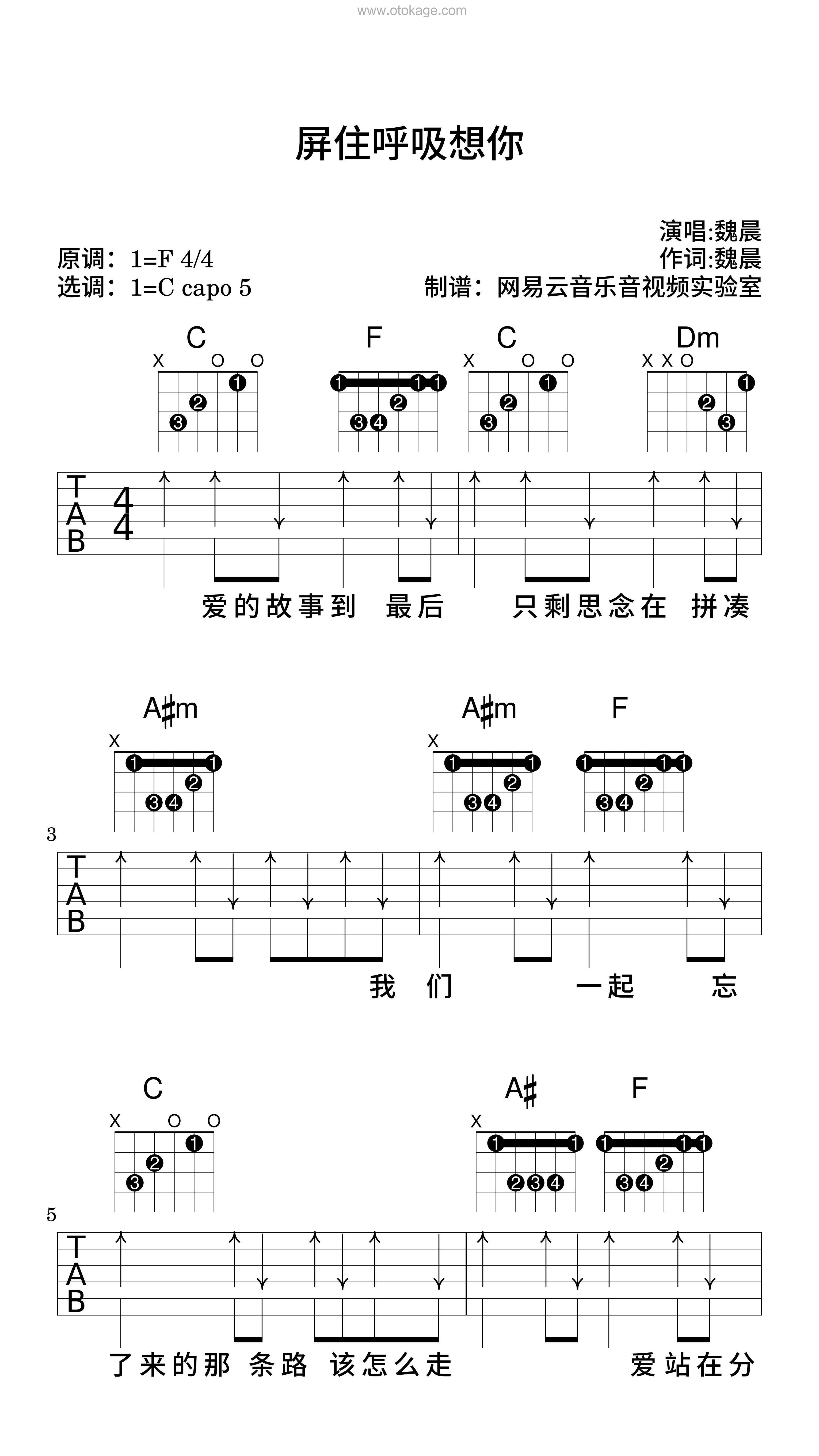 魏晨《屏住呼吸想你吉他谱》F调_音符美得令人陶醉