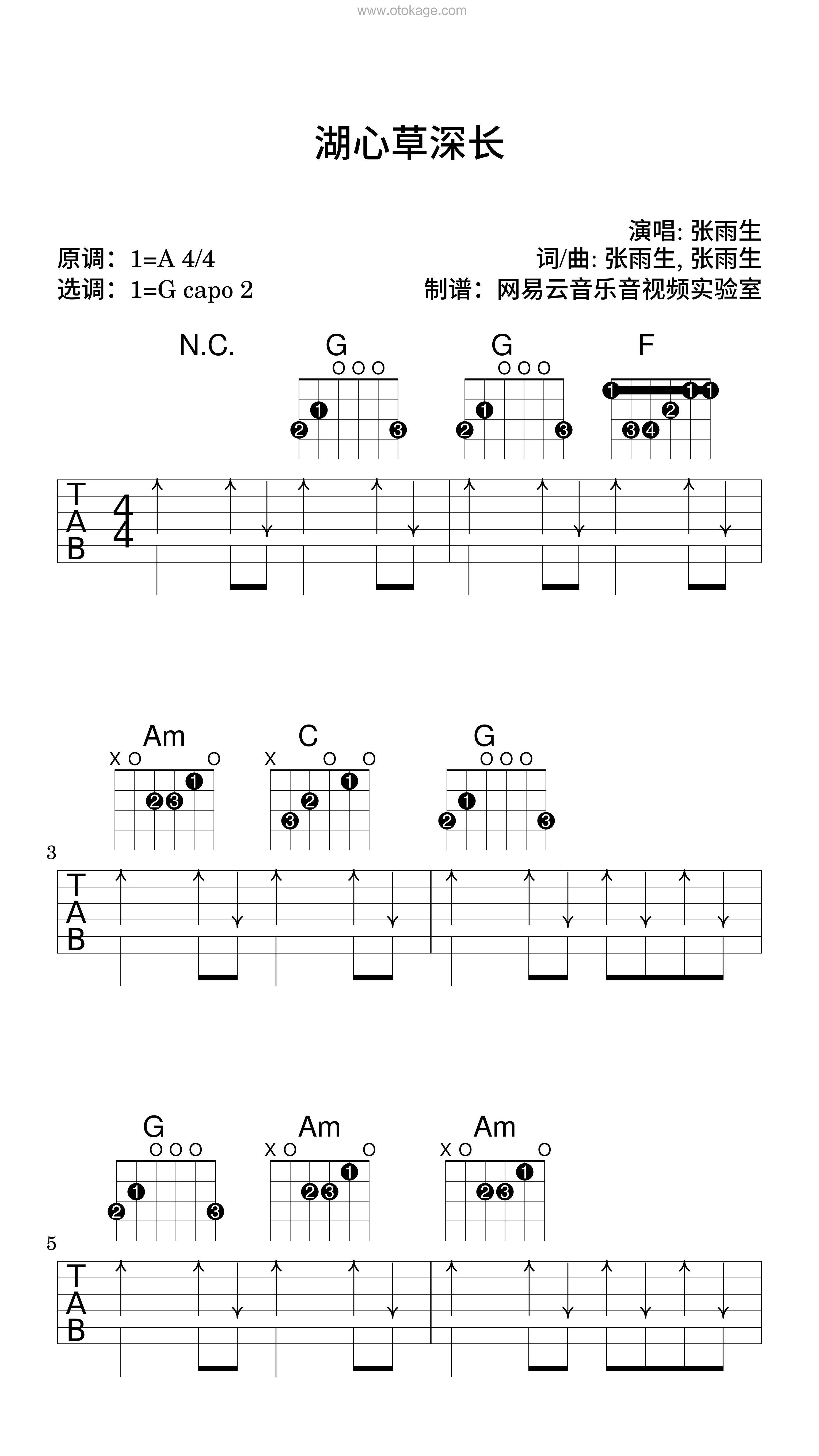 张雨生《湖心草深长吉他谱》A调_节奏舒展自如
