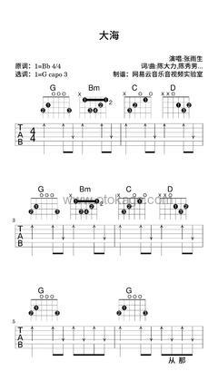张雨生《大海吉他谱》降B调_音符婉转动人