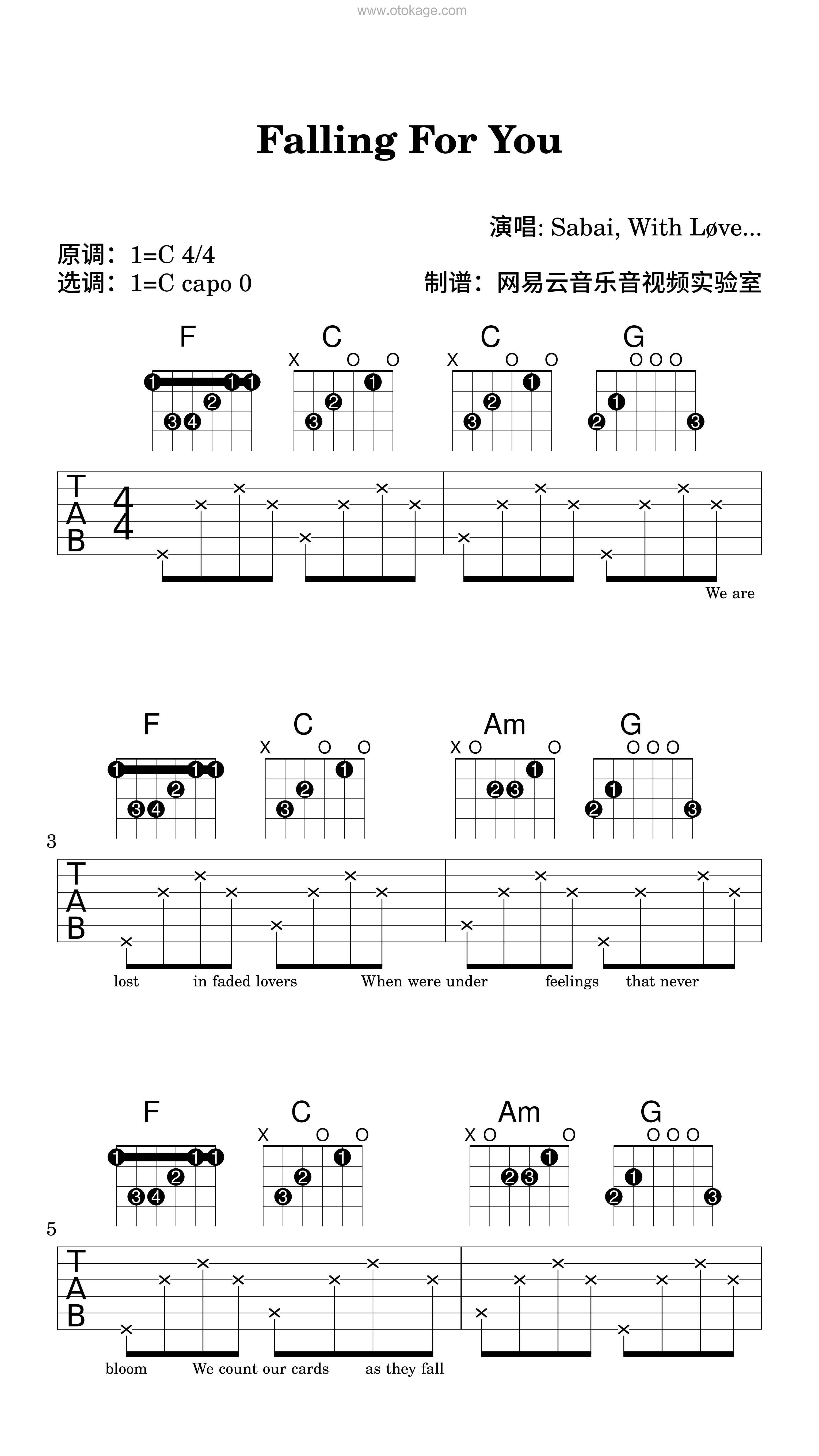 SABAI,With Løve《Falling For You吉他谱》C调_旋律感人肺腑