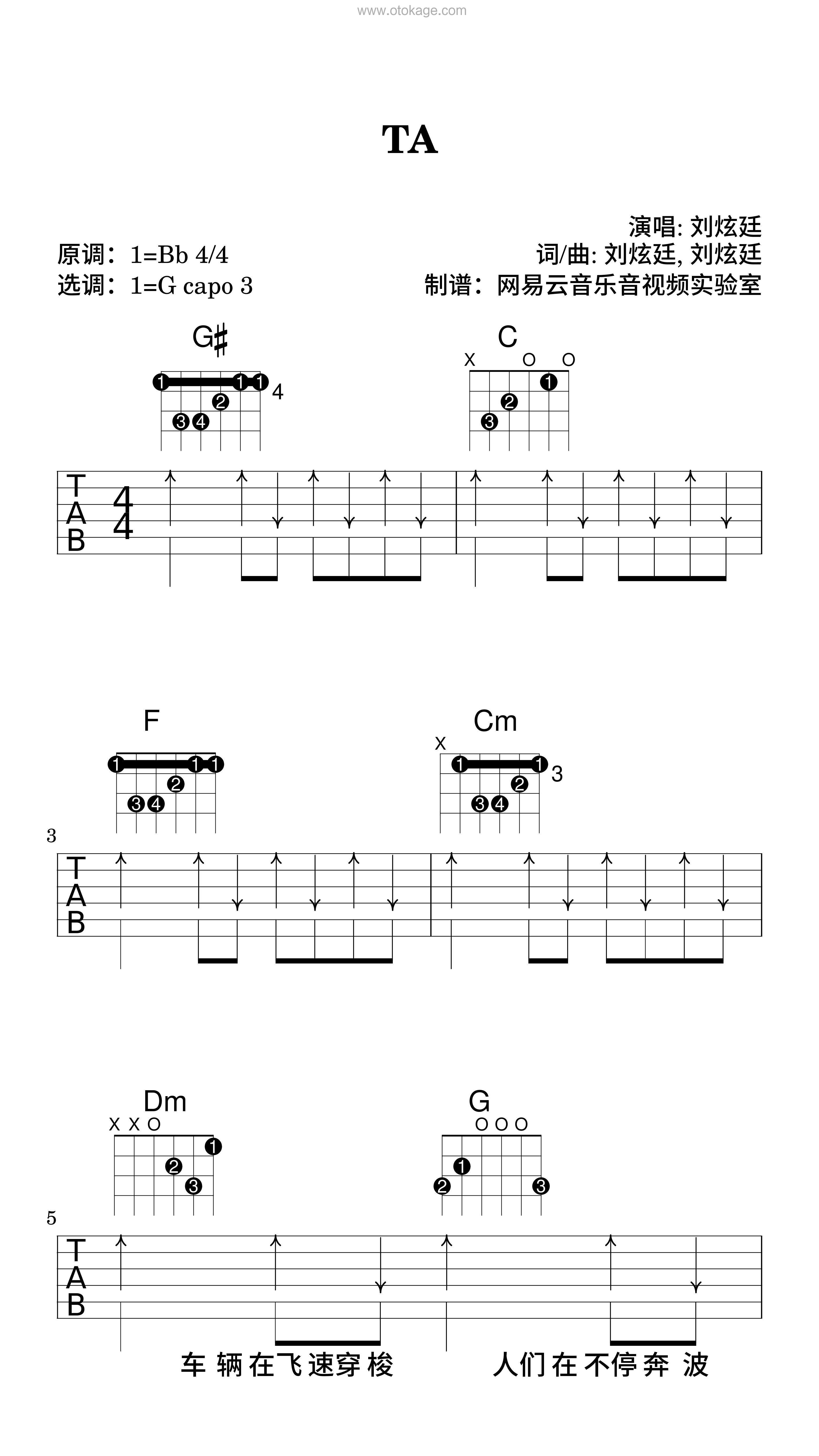 刘炫廷《TA吉他谱》降B调_节奏节节升高