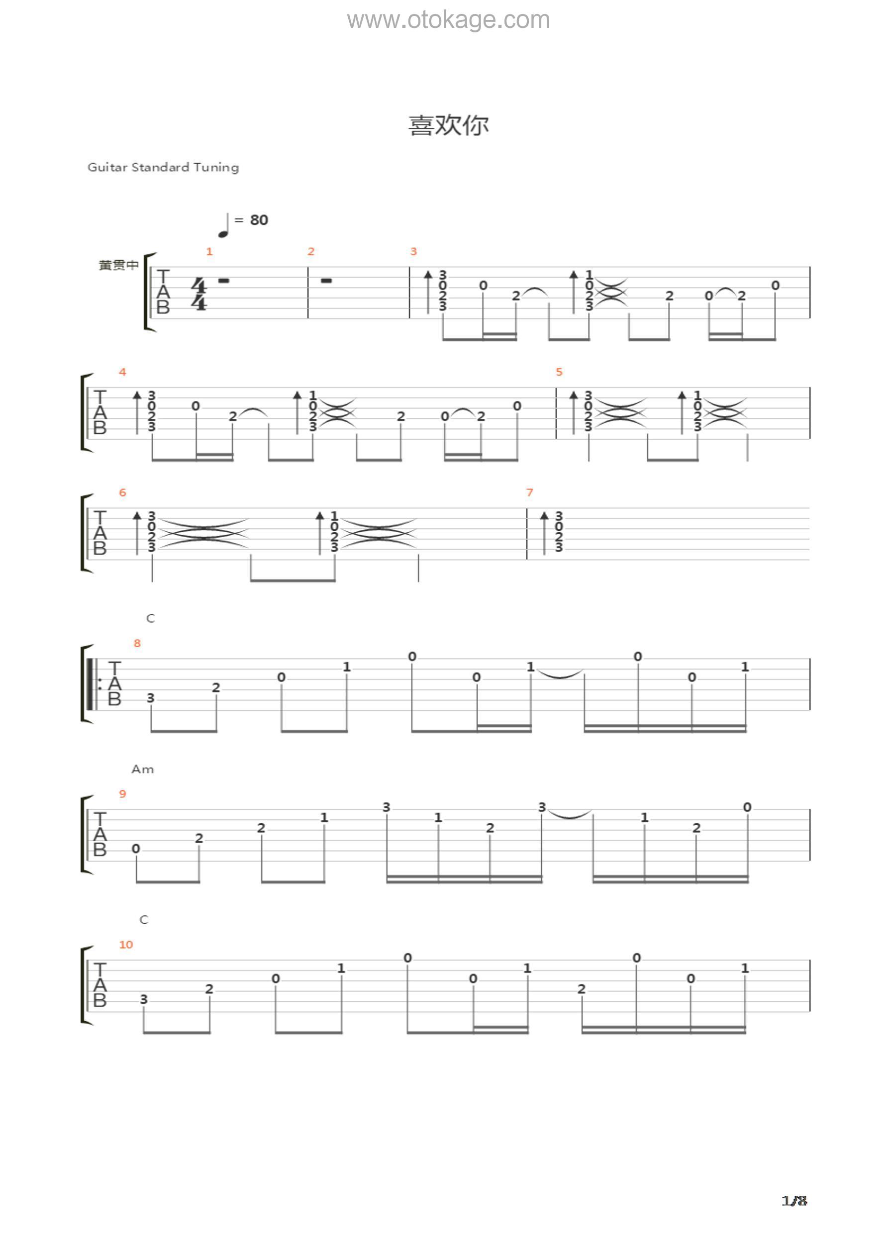 Beyond《喜欢你吉他谱》C调_完美契合情感