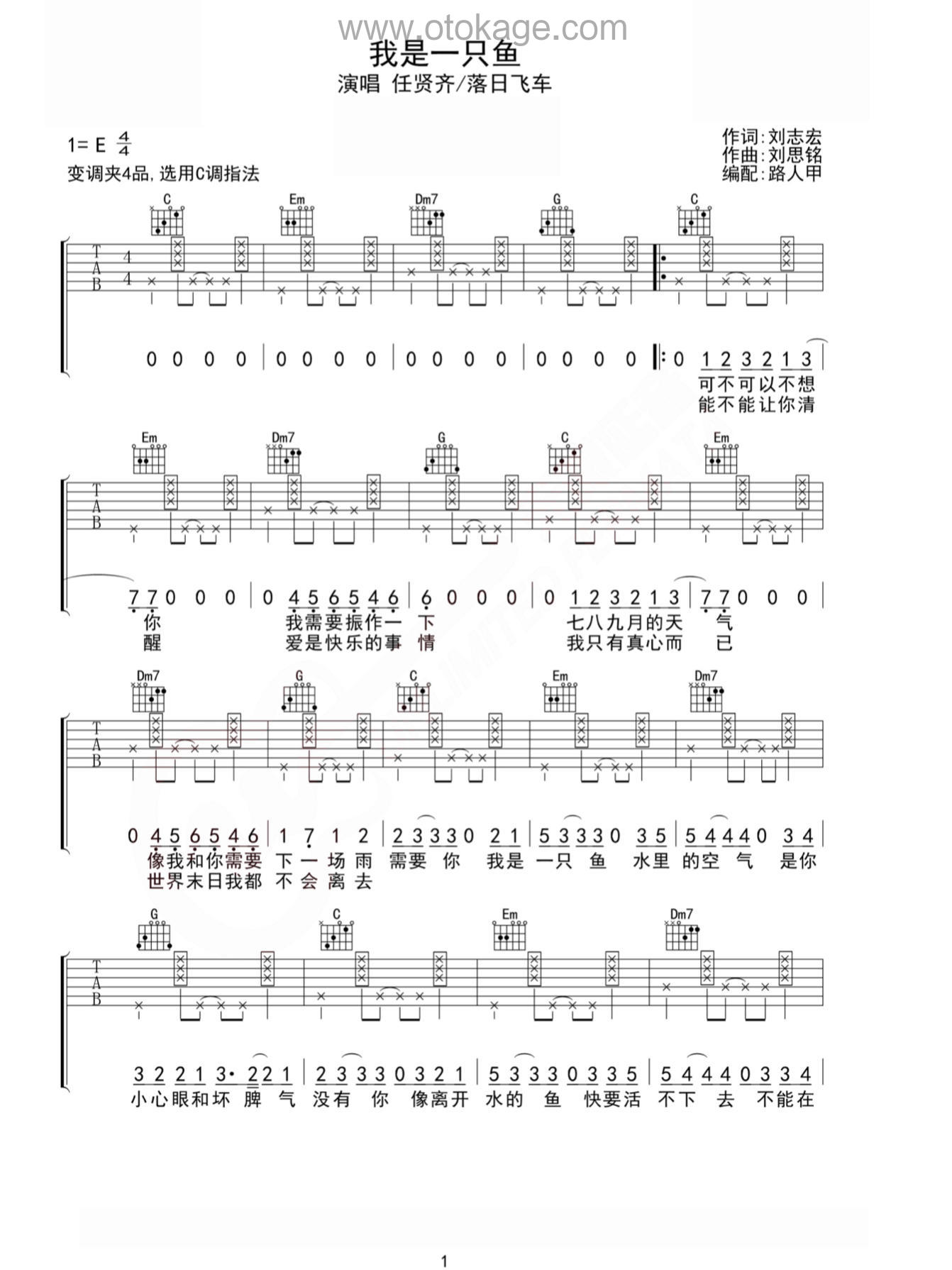 落日飞车《我是一只鱼吉他谱》E调_旋律流畅自然