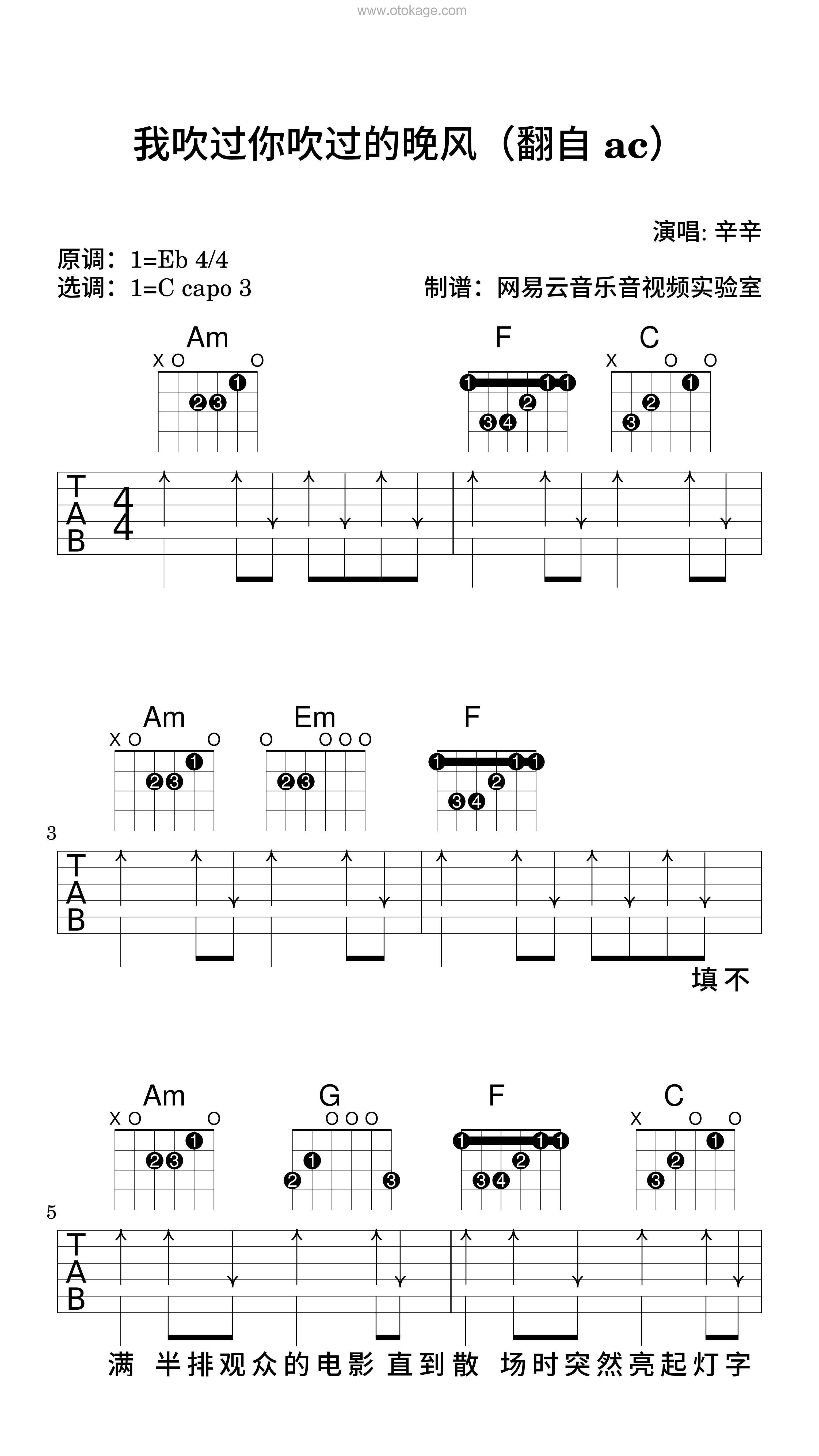 辛辛《我吹过你吹过的晚风（翻自 ac）吉他谱》降E调_节奏优雅轻快