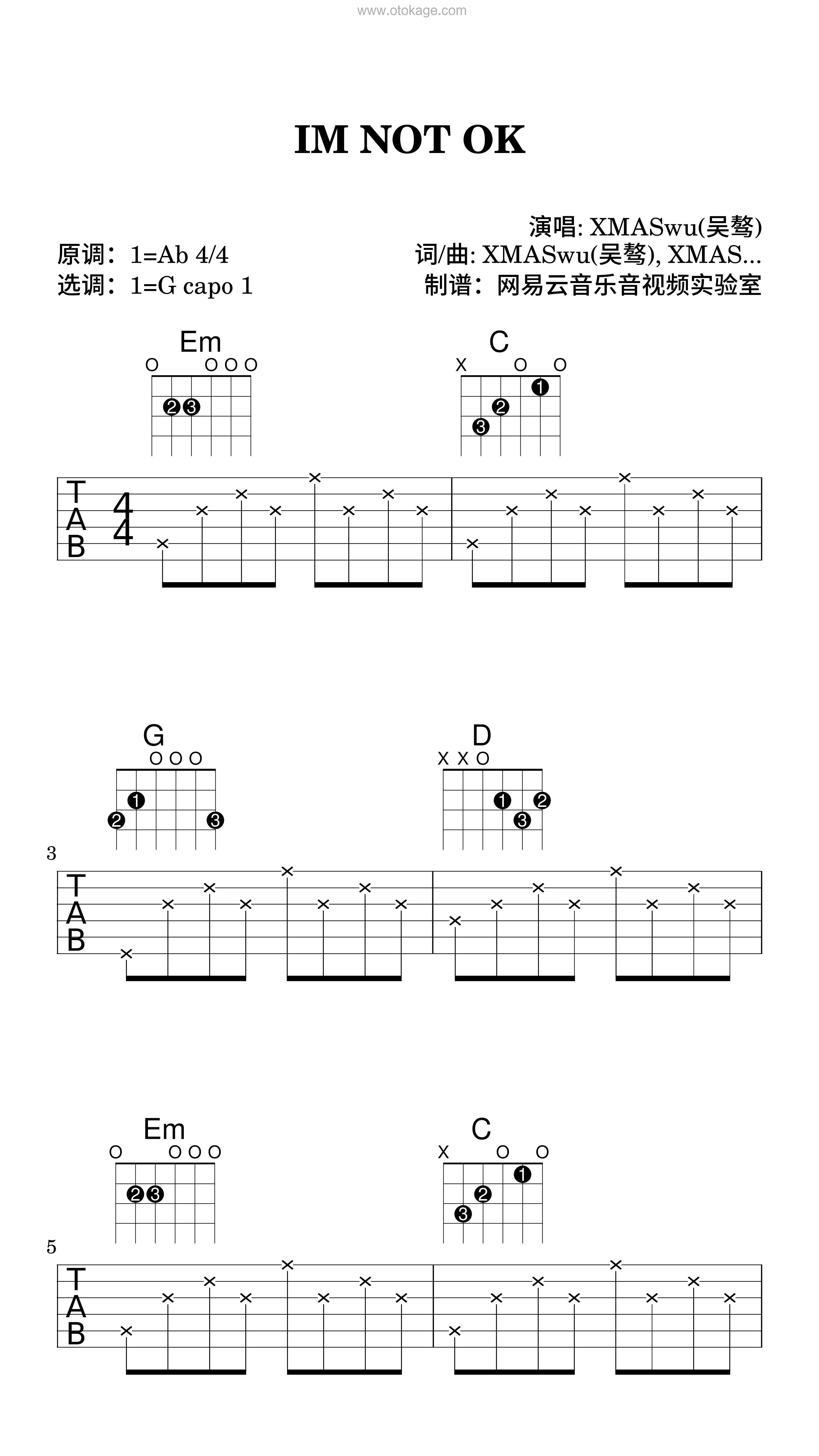 XMASwu(吴骜)《IM NOT OK吉他谱》降A调_完美和声编排