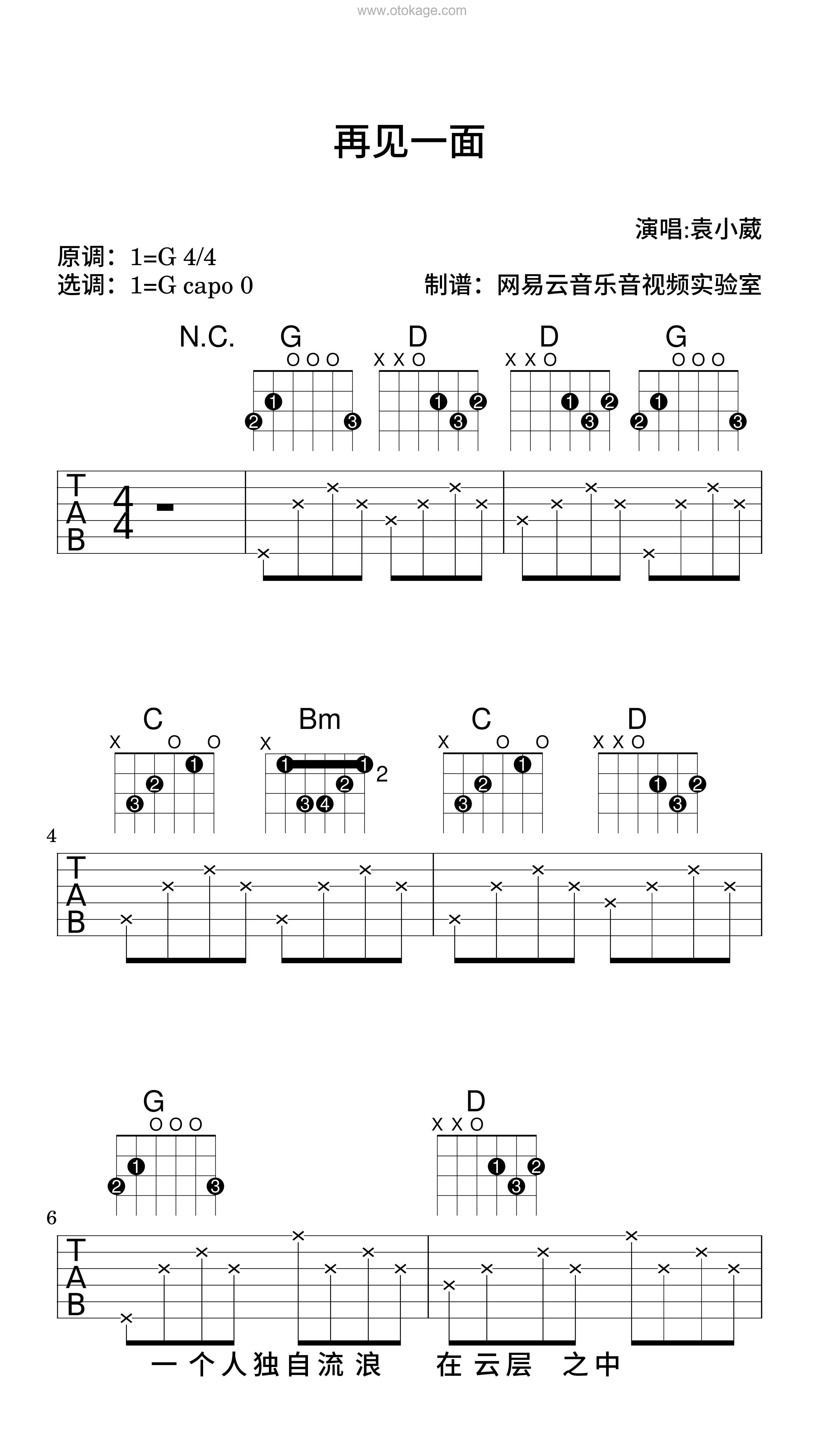 袁小葳《再见一面吉他谱》G调_节奏充满活力