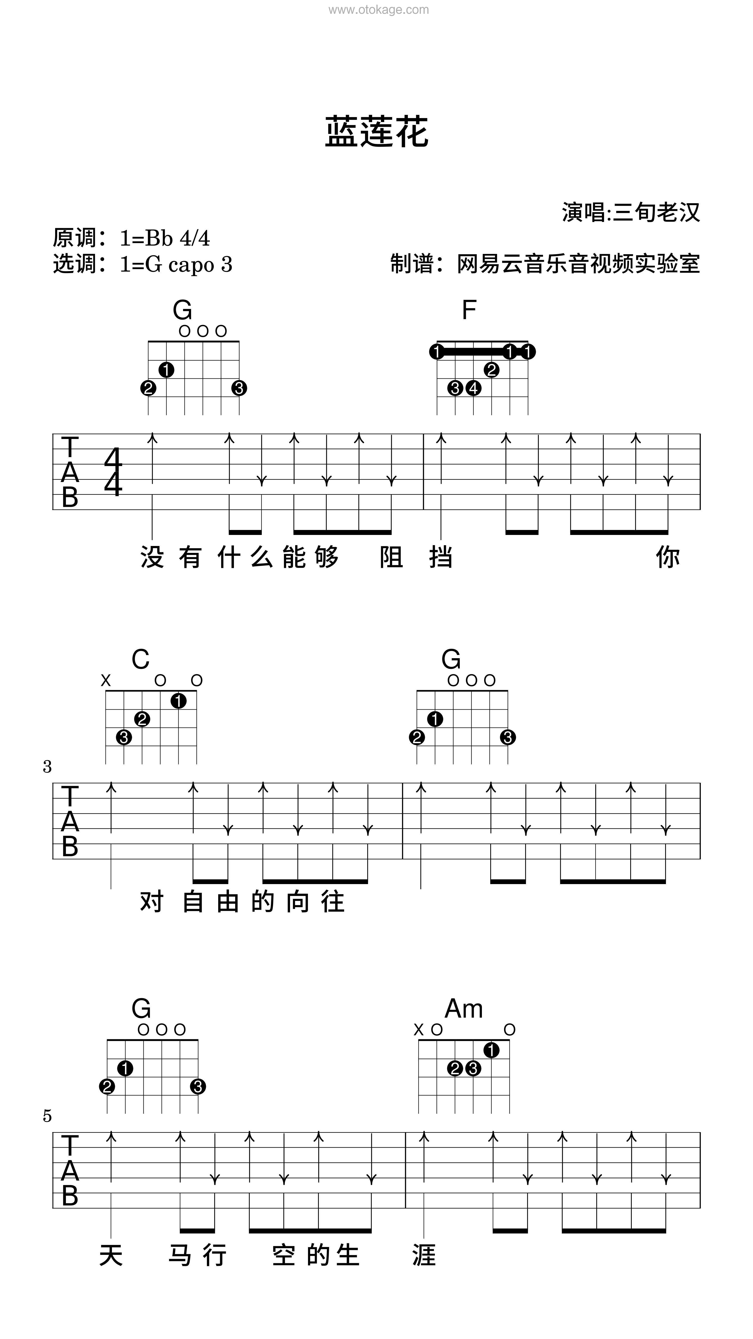 三旬老汉《蓝莲花吉他谱》降B调_节奏带动情绪