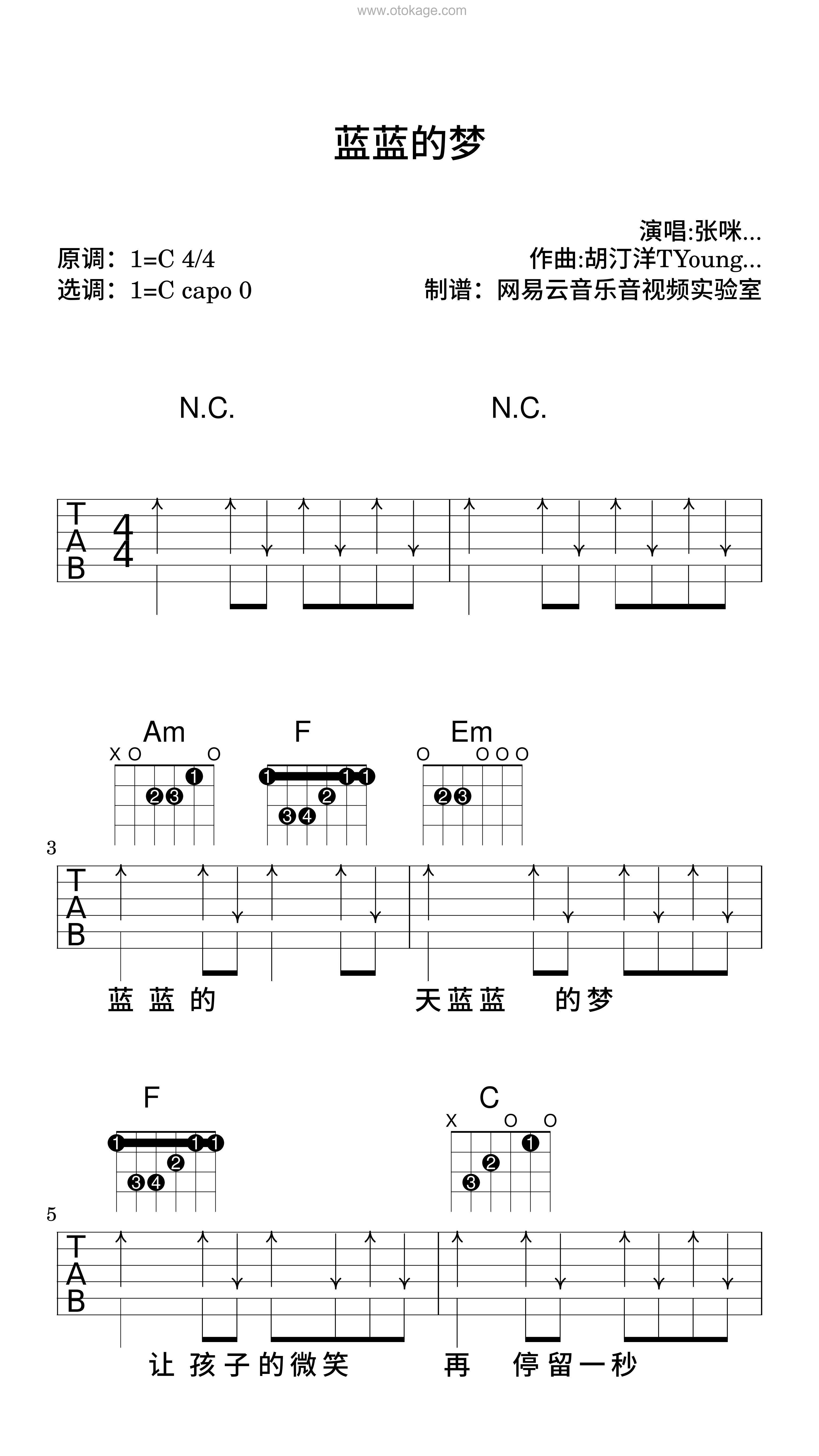 张咪,南征北战NZBZ《蓝蓝的梦吉他谱》C调_旋律空灵飘逸