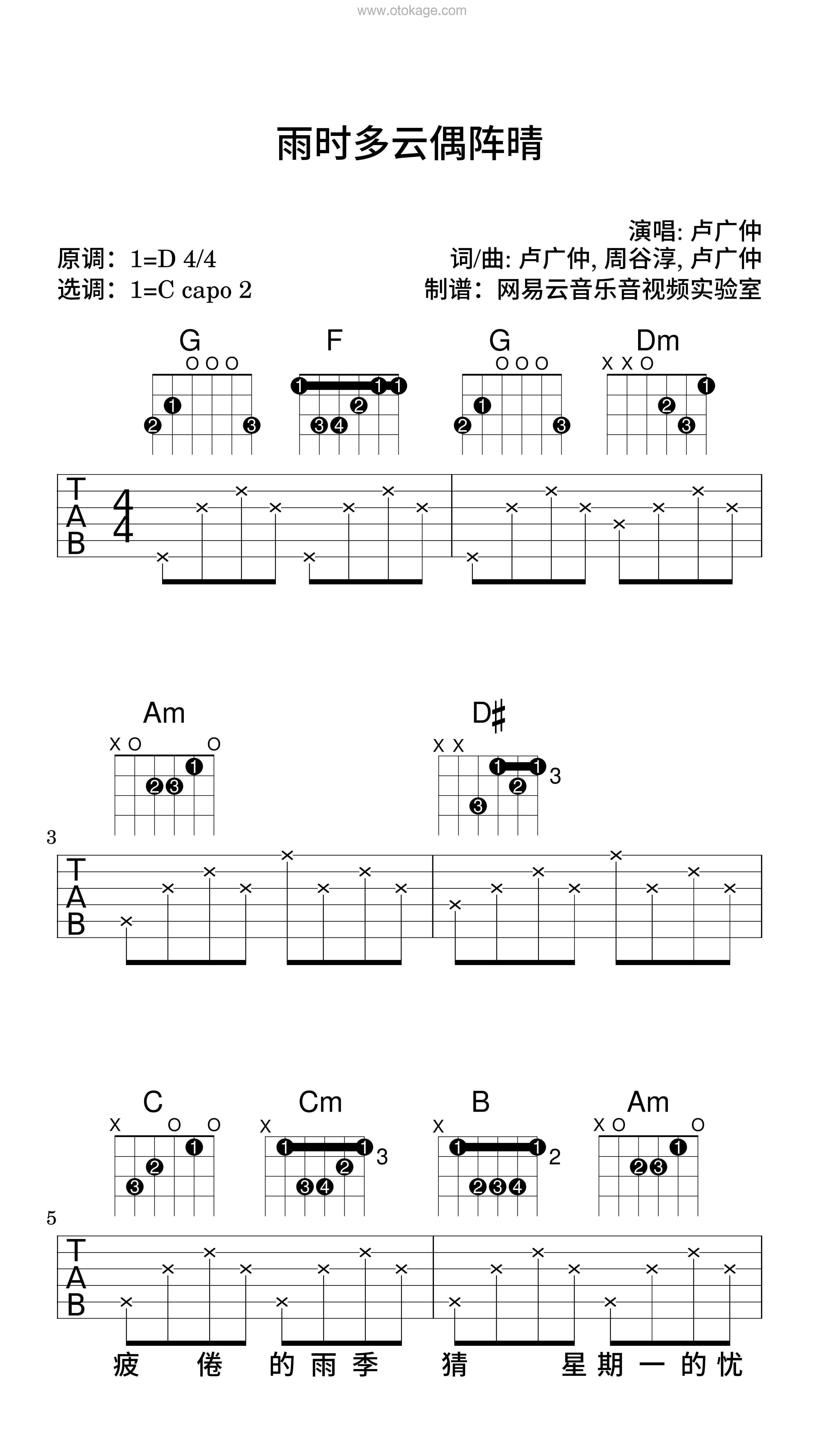 卢广仲《雨时多云偶阵晴吉他谱》D调_完美旋律设计