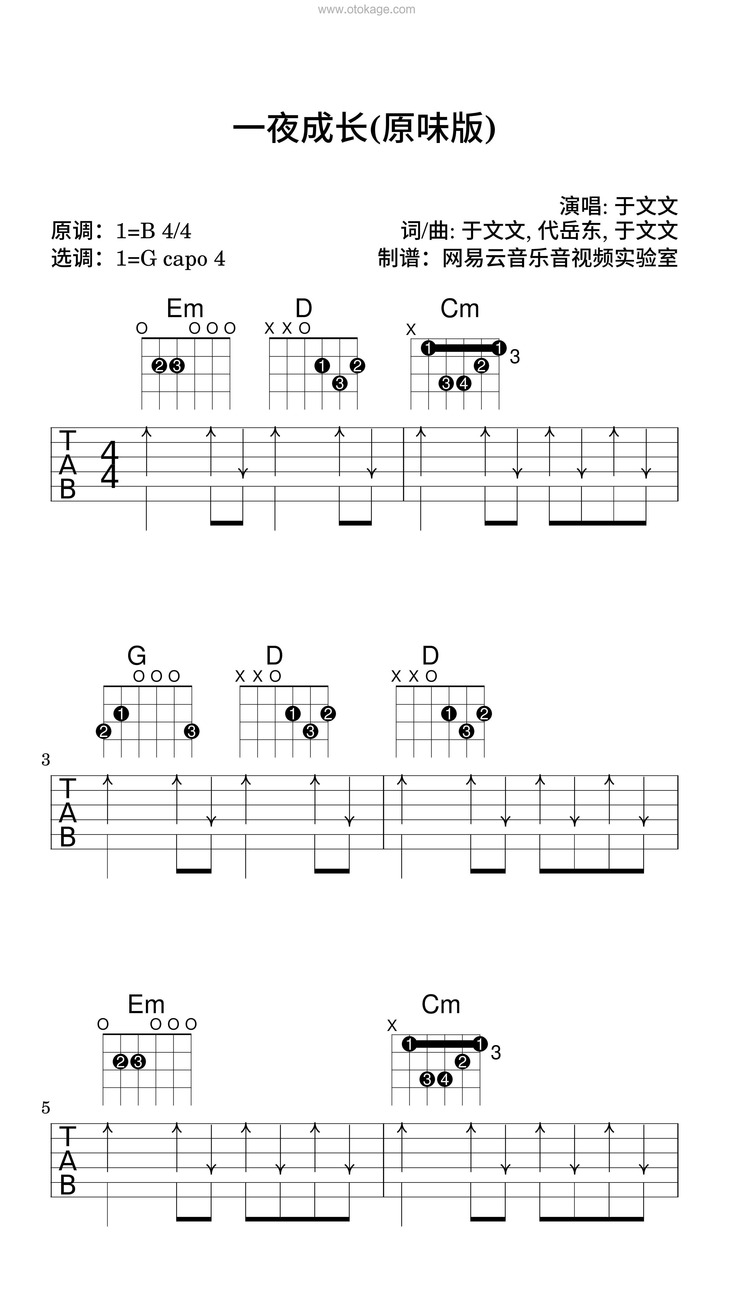 于文文《一夜成长(原味版)吉他谱》B调_旋律清新自然