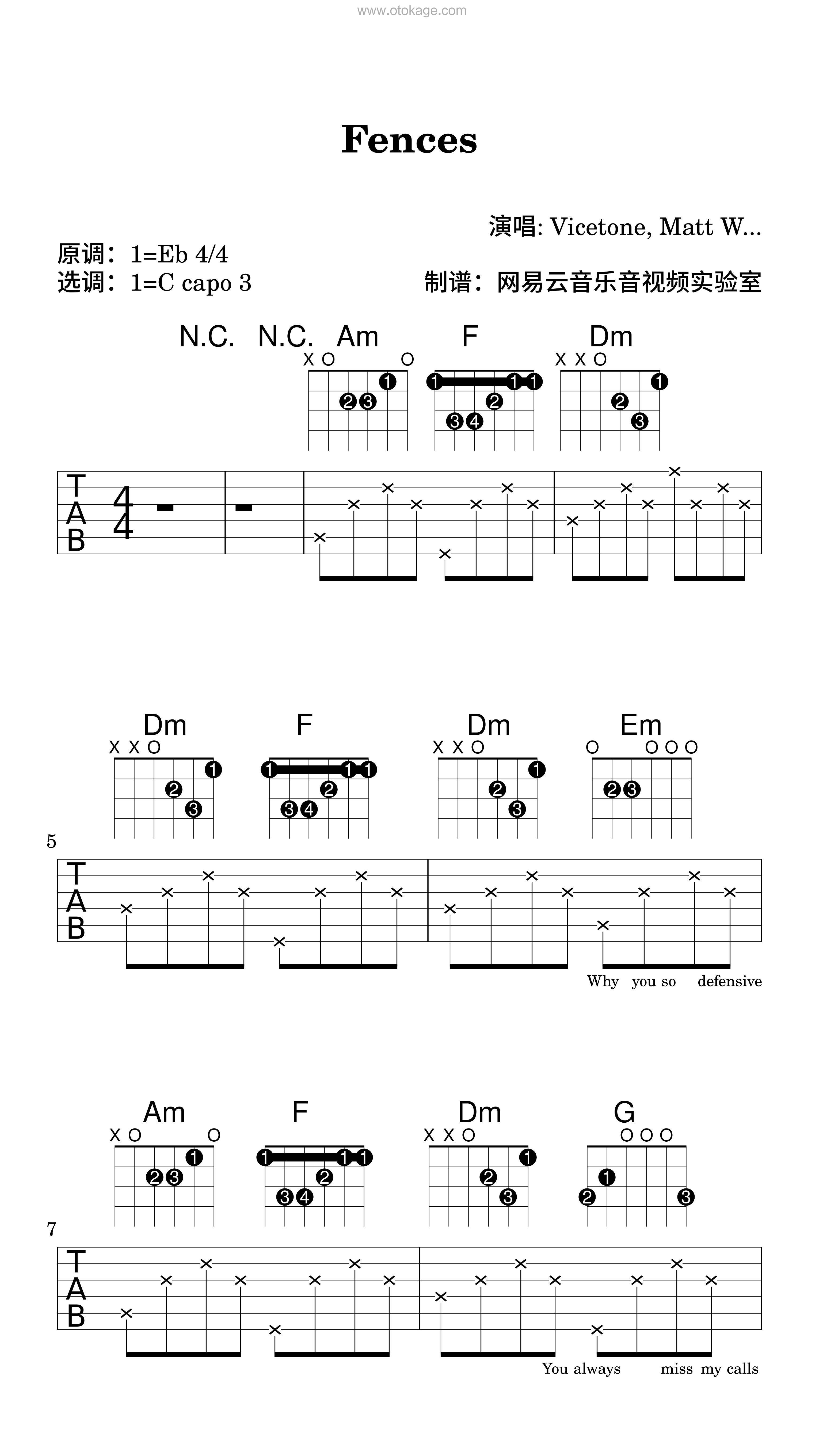 Vicetone,Matt Wertz《Fences吉他谱》降E调_旋律回味无穷