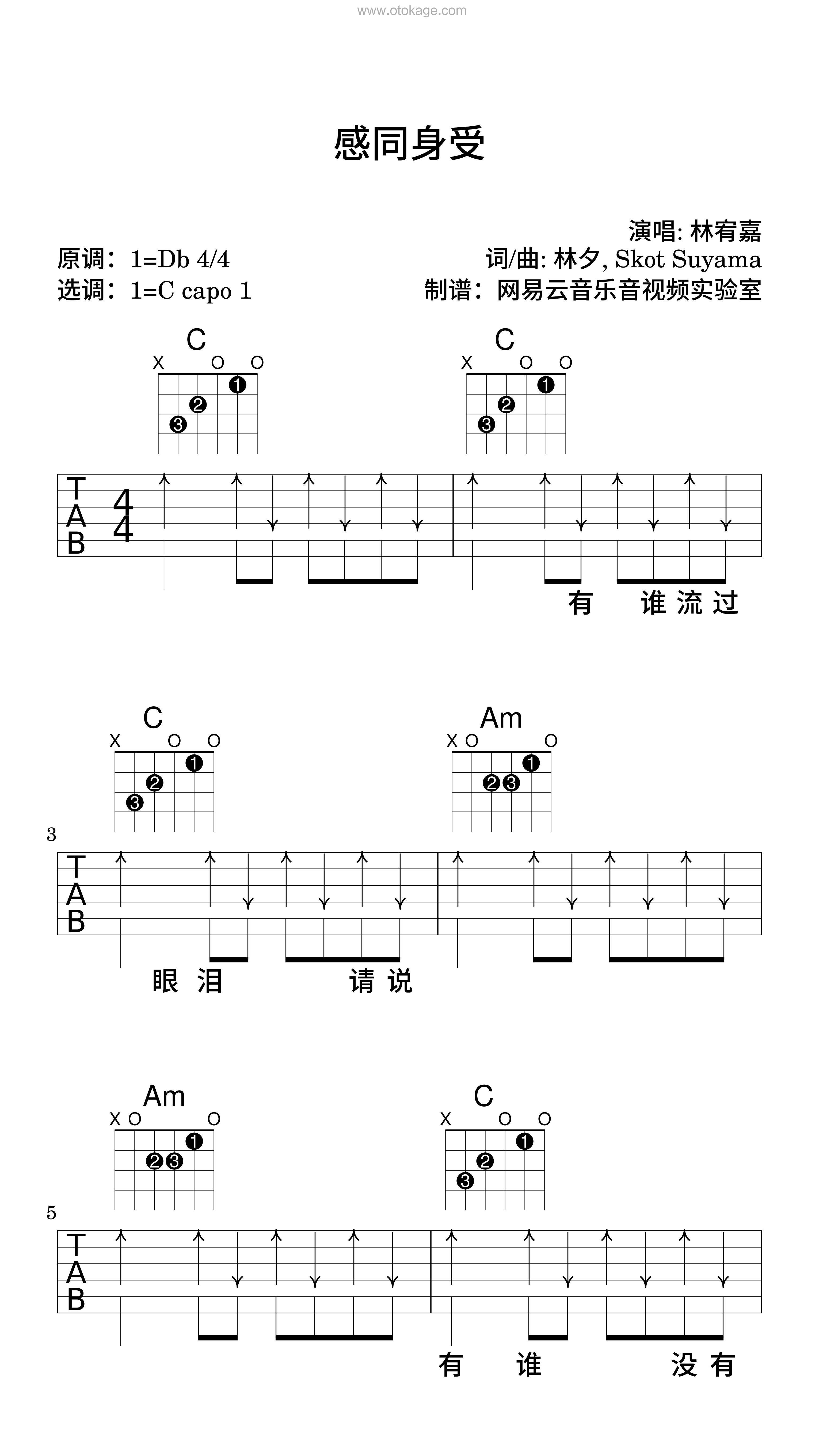 林宥嘉《感同身受吉他谱》降D调_音乐沁人心扉