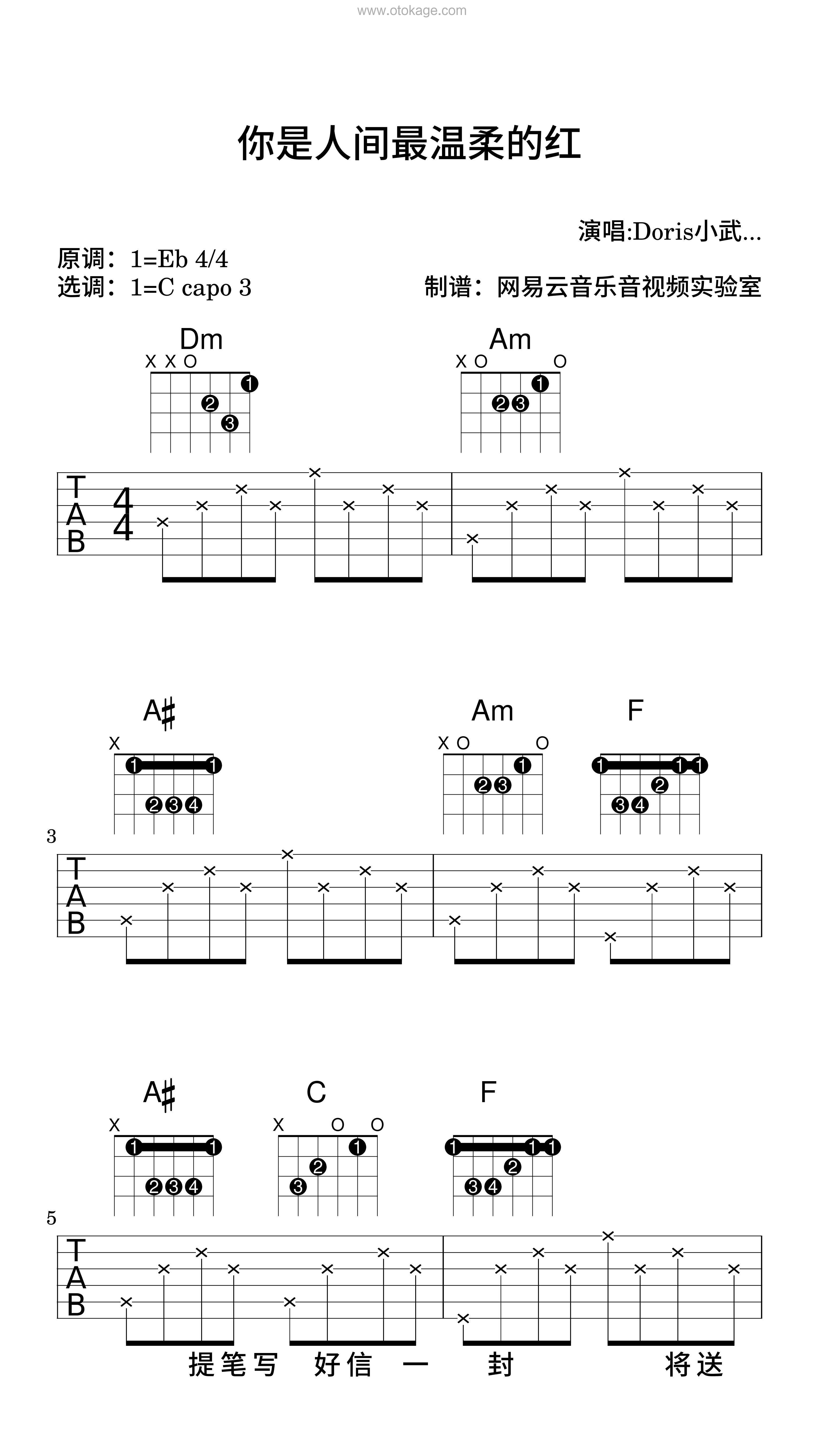 Doris小武《你是人间最温柔的红吉他谱》降E调_让人沉醉其中