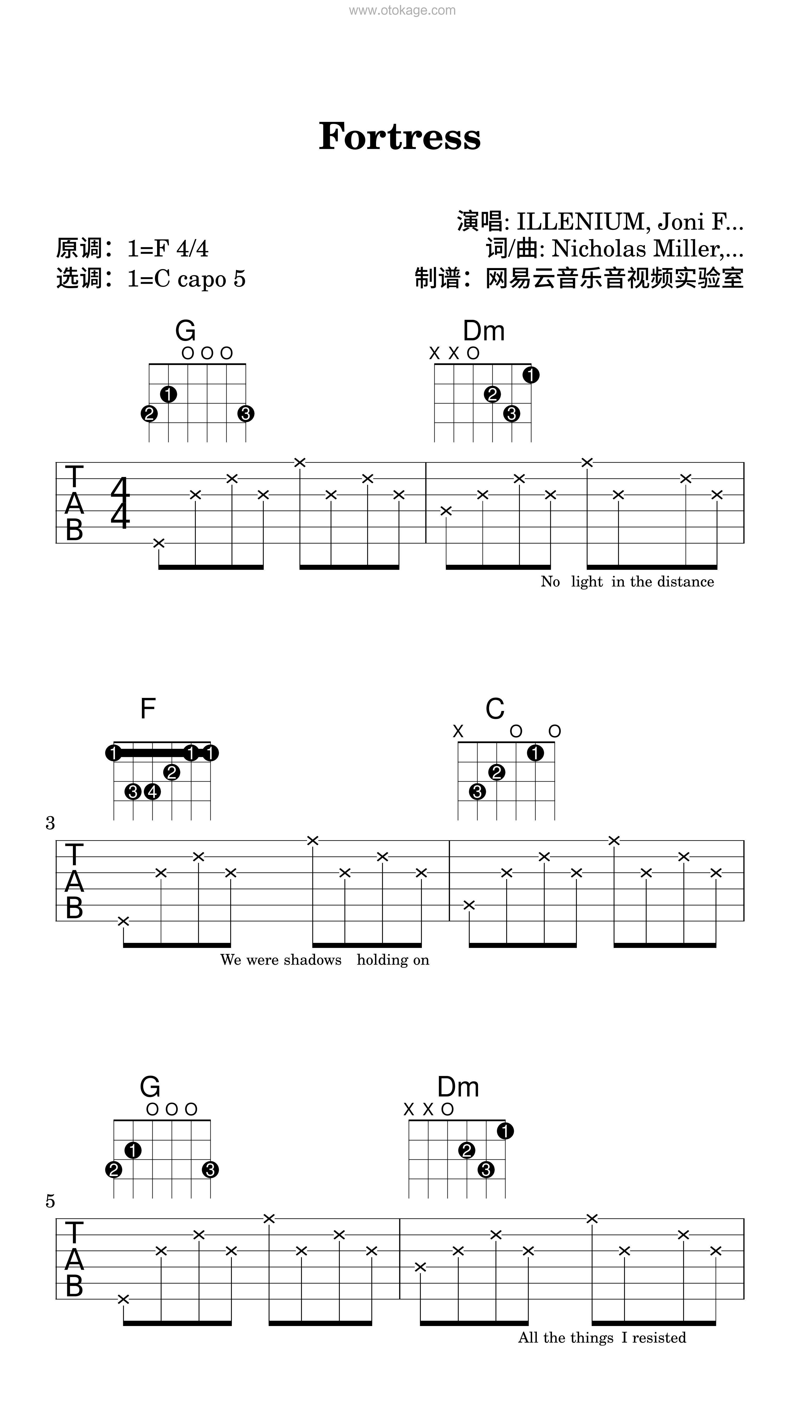 ILLENIUM,Joni Fatora《Fortress吉他谱》F调_节奏感强而轻盈
