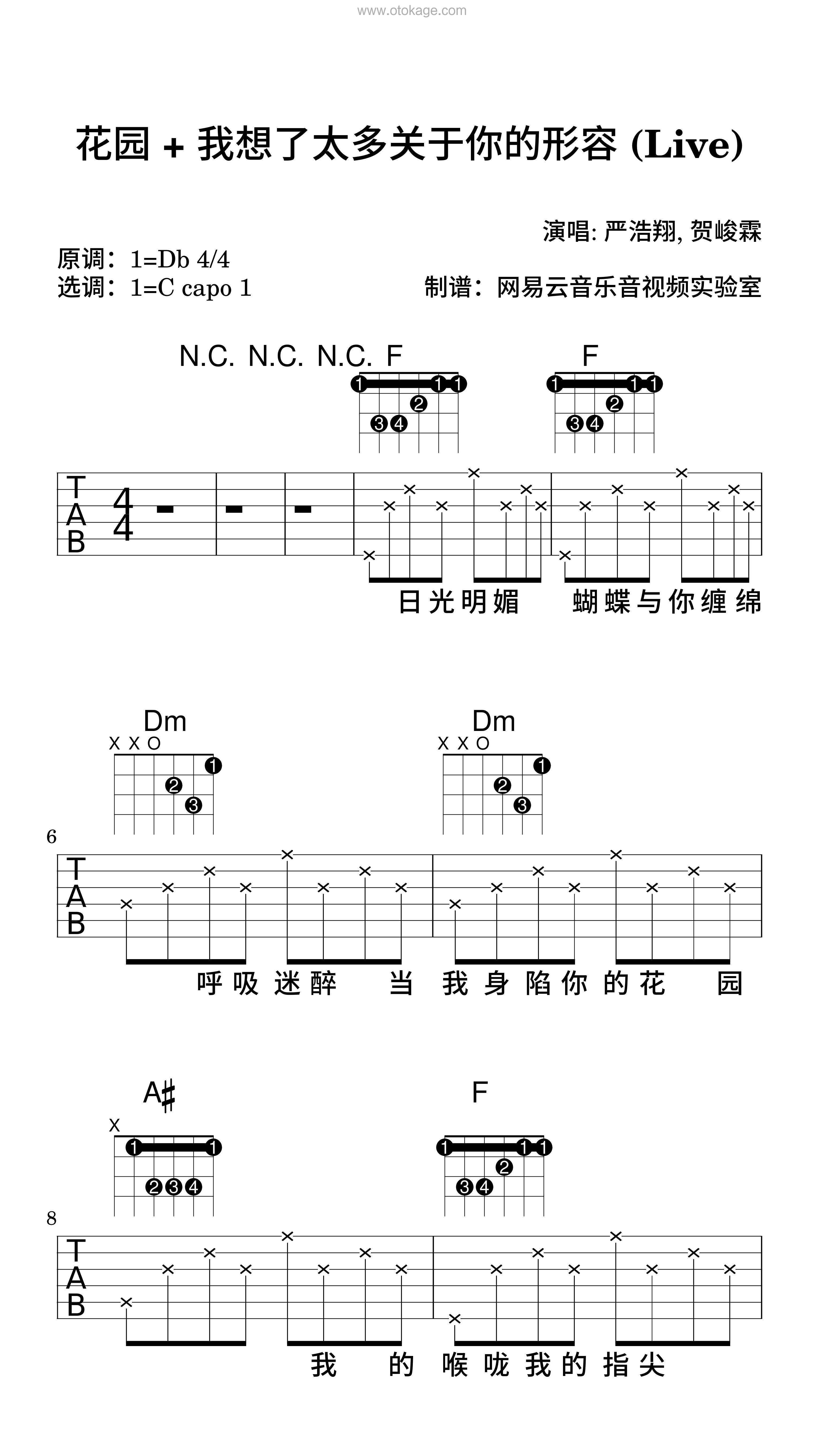 严浩翔,贺峻霖《花园 + 我想了太多关于你的形容 (Live)吉他谱》降D调_旋律如梦似幻